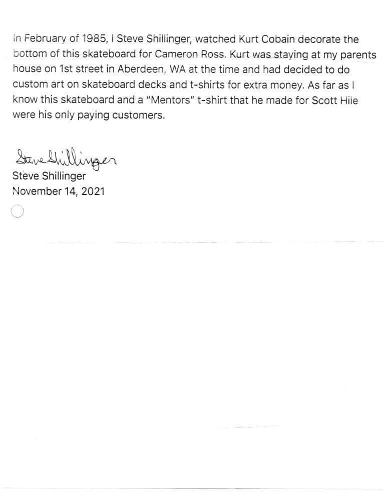 a typed letter from steve shilinger about witnessing kurt cobain decorate the bottom of an iron maiden skateboard for cameron ross