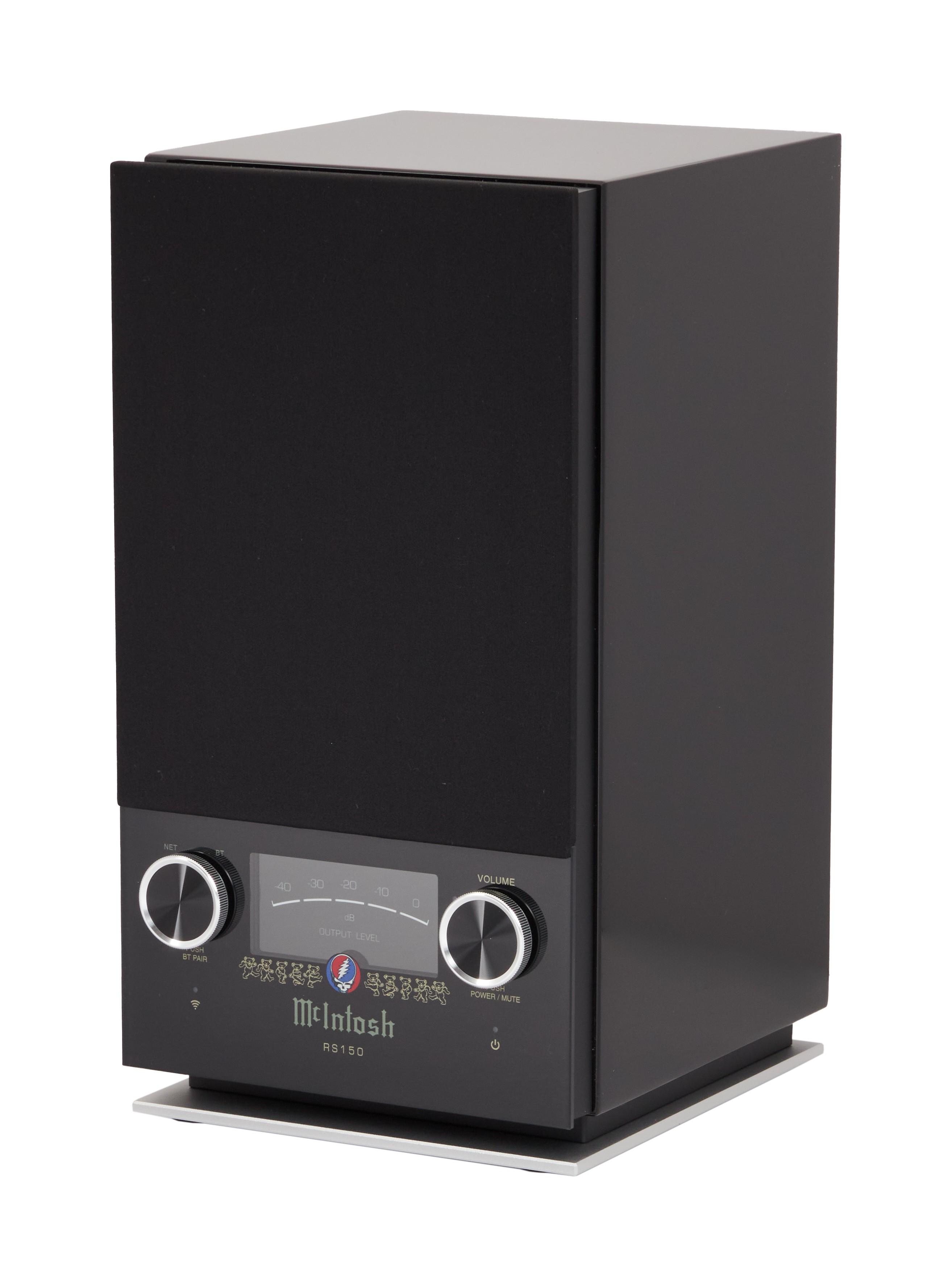 a black mcintosh speaker with a white background
