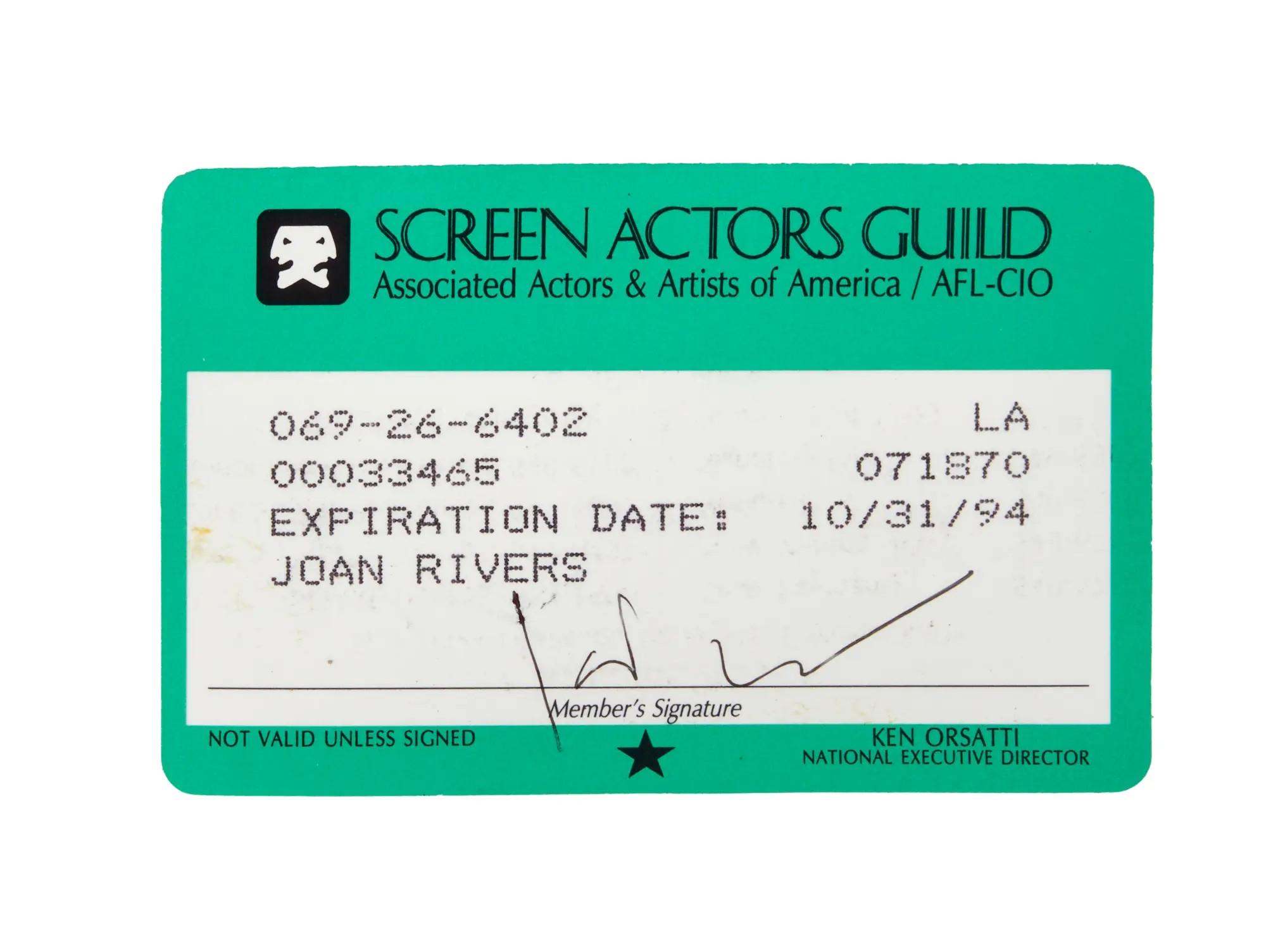 Lot #47 | Signed 1994 SAG Card Lot 47 Joan Rivers Signed 1994 SAG Card