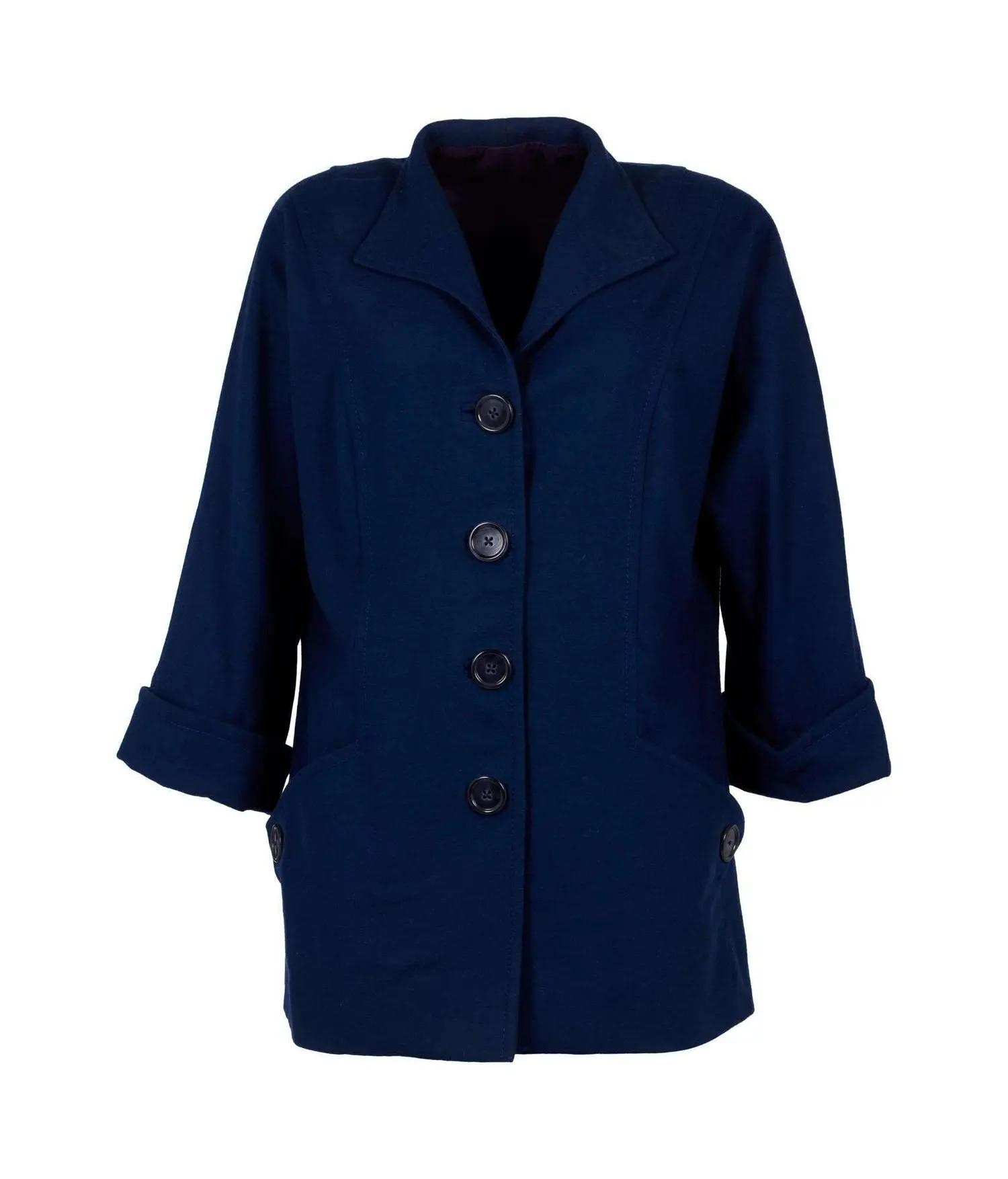 Navy blue blazer with cuffed 3/4 sleeves and four dark buttons.