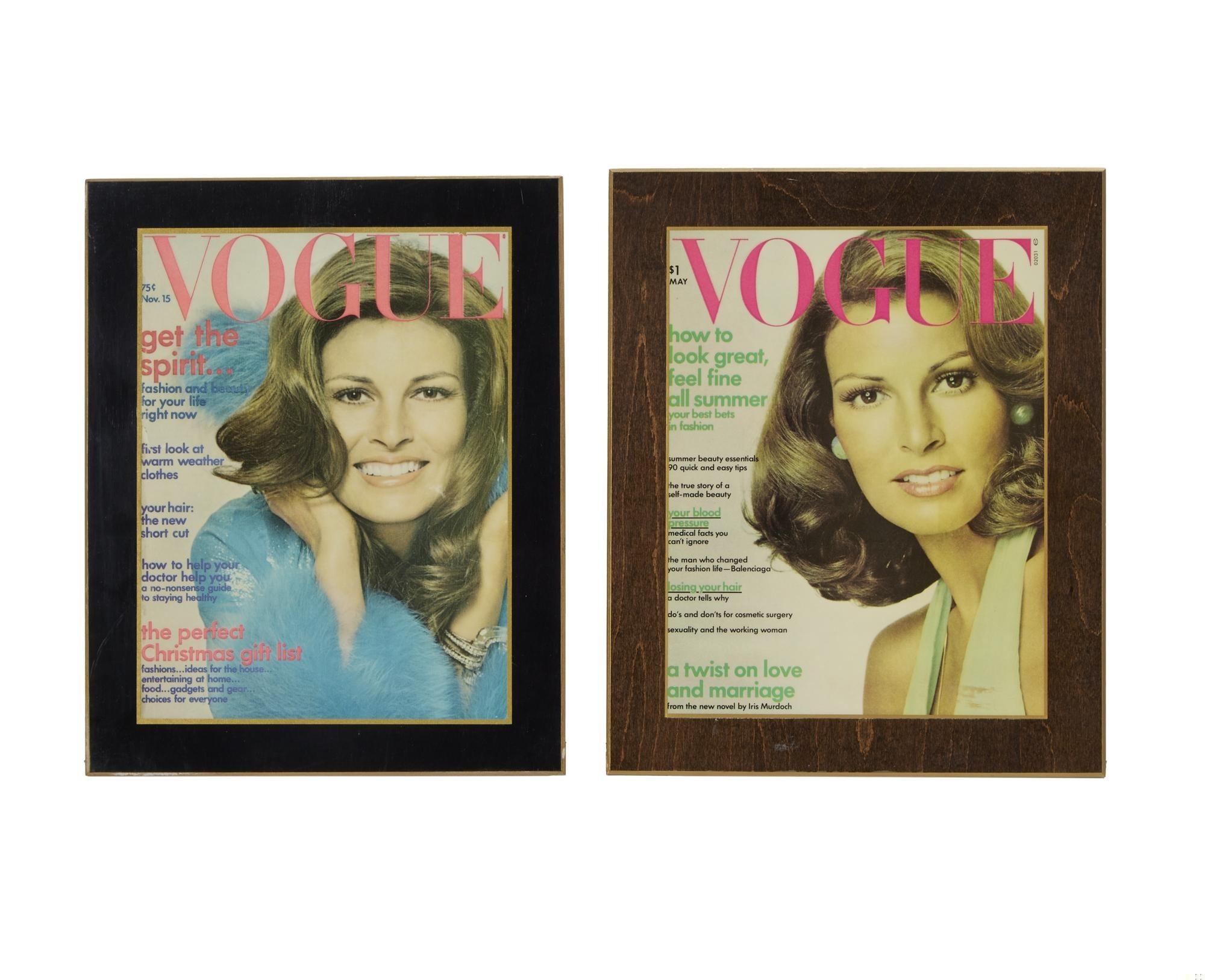 two framed vogue magazine covers with a woman on them .