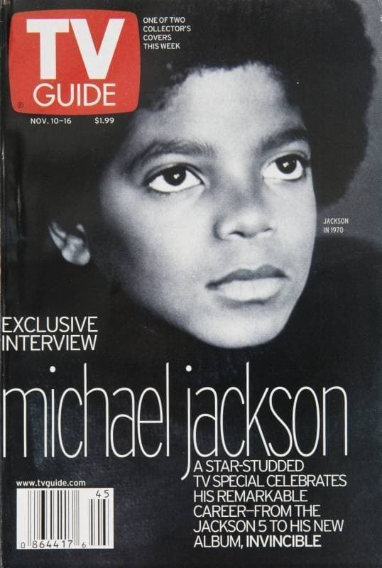 a black and white photo of michael jackson on the cover of a tv guide magazine