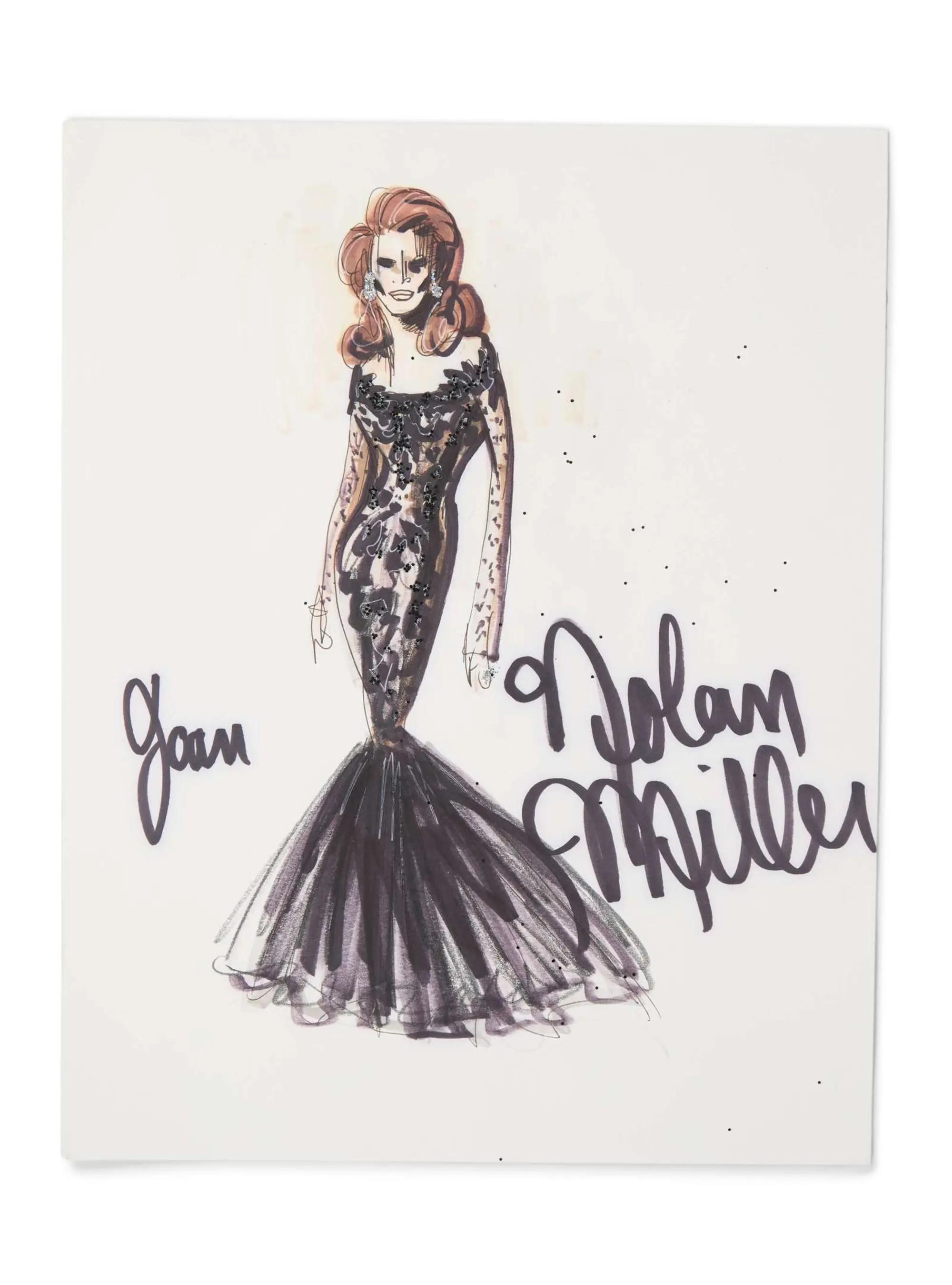 Lot #54  Joan Collins 2004 Photo and Event-Worn Nolan Miller and Mark Zunino Gown with Sketch