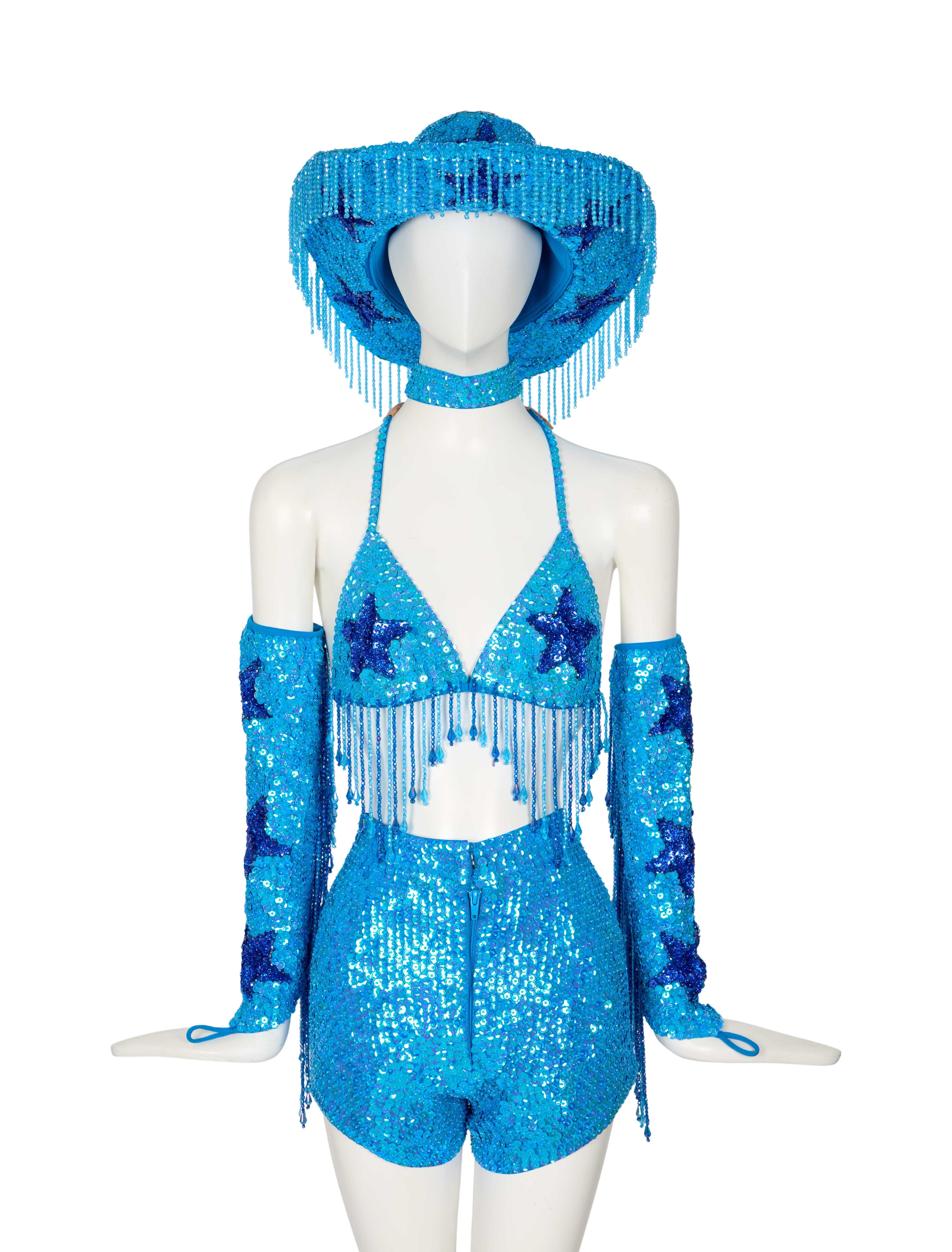 a blue costume wardrobe ensemble on a mannequin