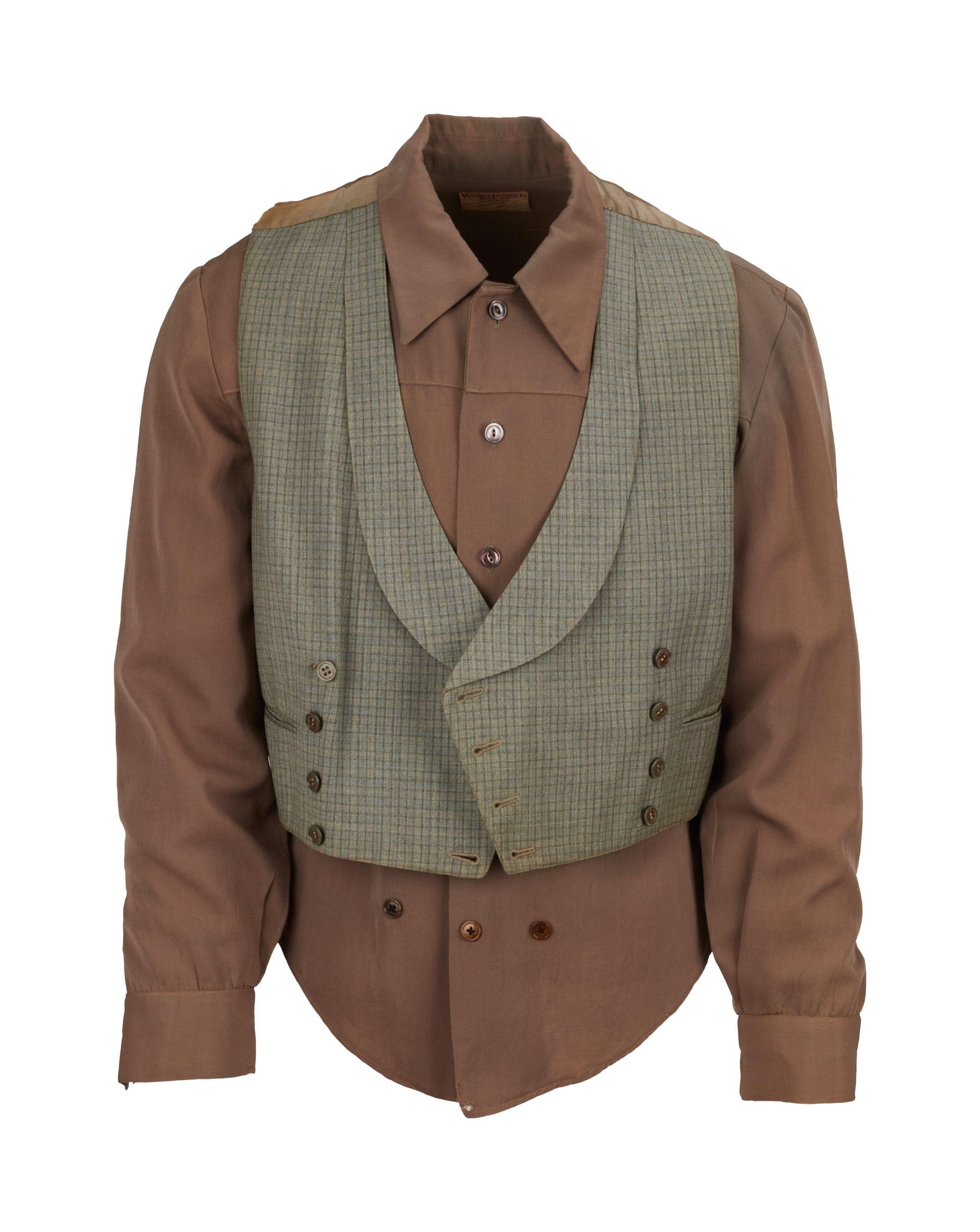 a brown dress shirt and gray western vest ensemble