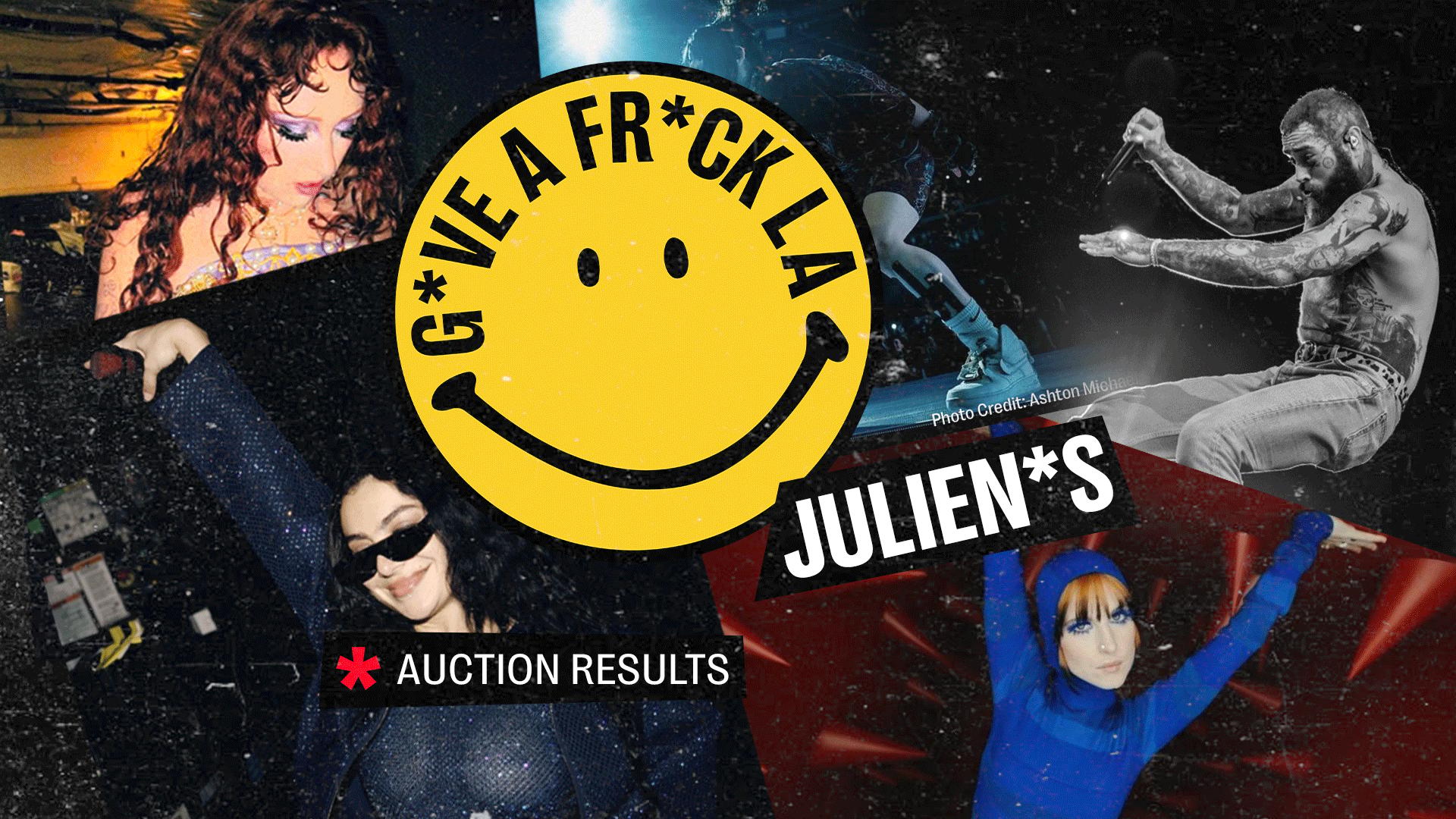 pictures of celebrities with give a frock and julien's logos