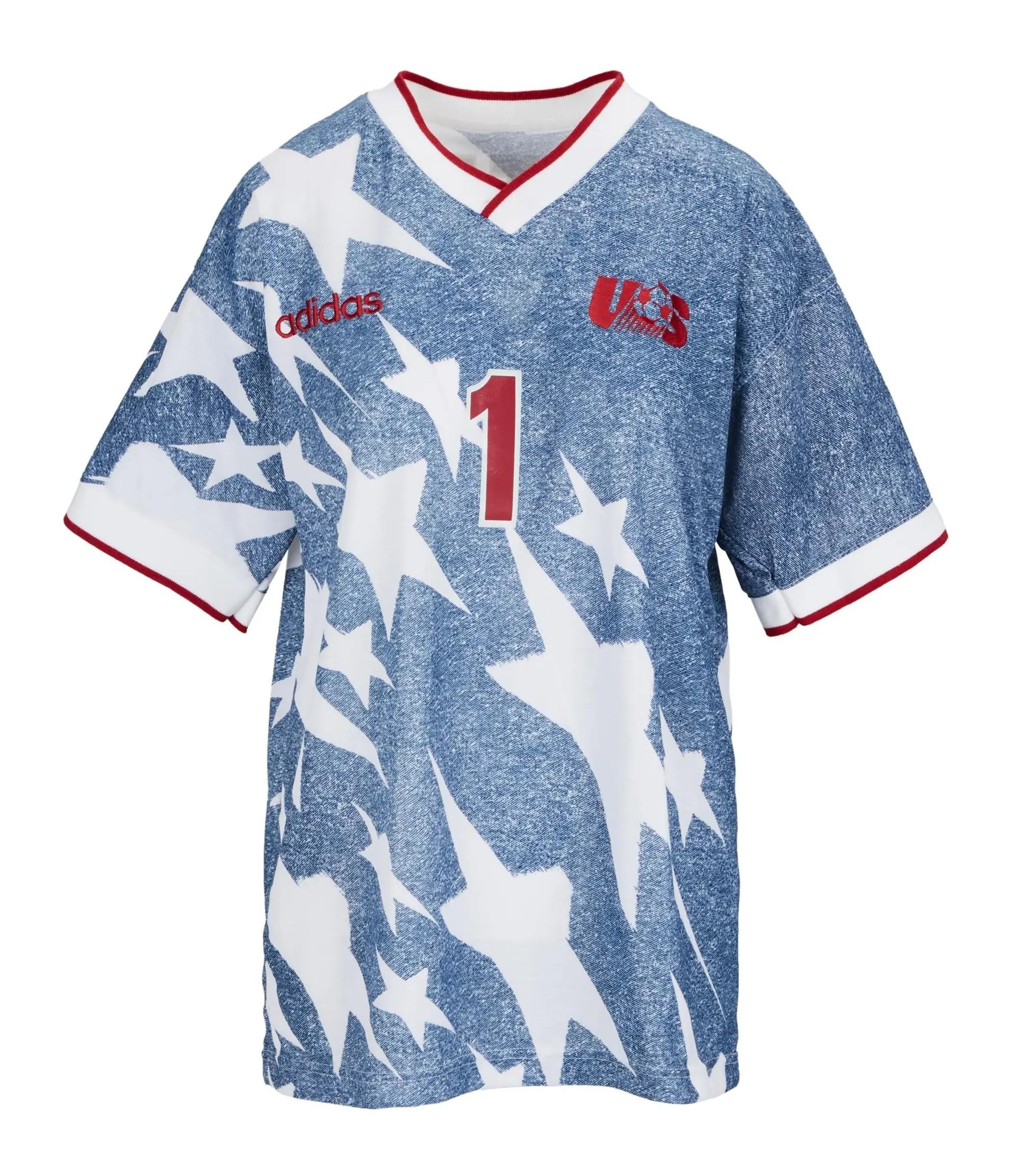 a blue and white soccer jersey