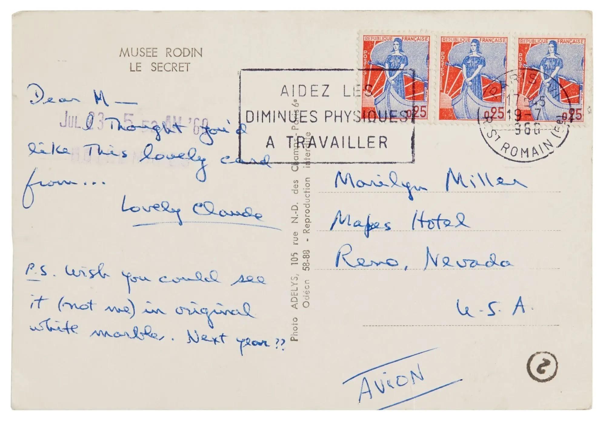 Lot #2. Marilyn Monroe | 1960 Postcard Received from Norman Rosten The back of a Musée Rodin postcard with a handwritten message in blue ink from "Lovely Claude" to "Marilyn Miller" at the Mapes Hotel in Reno, Nevada, dated July 3, 1969, featuring three French postage stamps and a postmark.