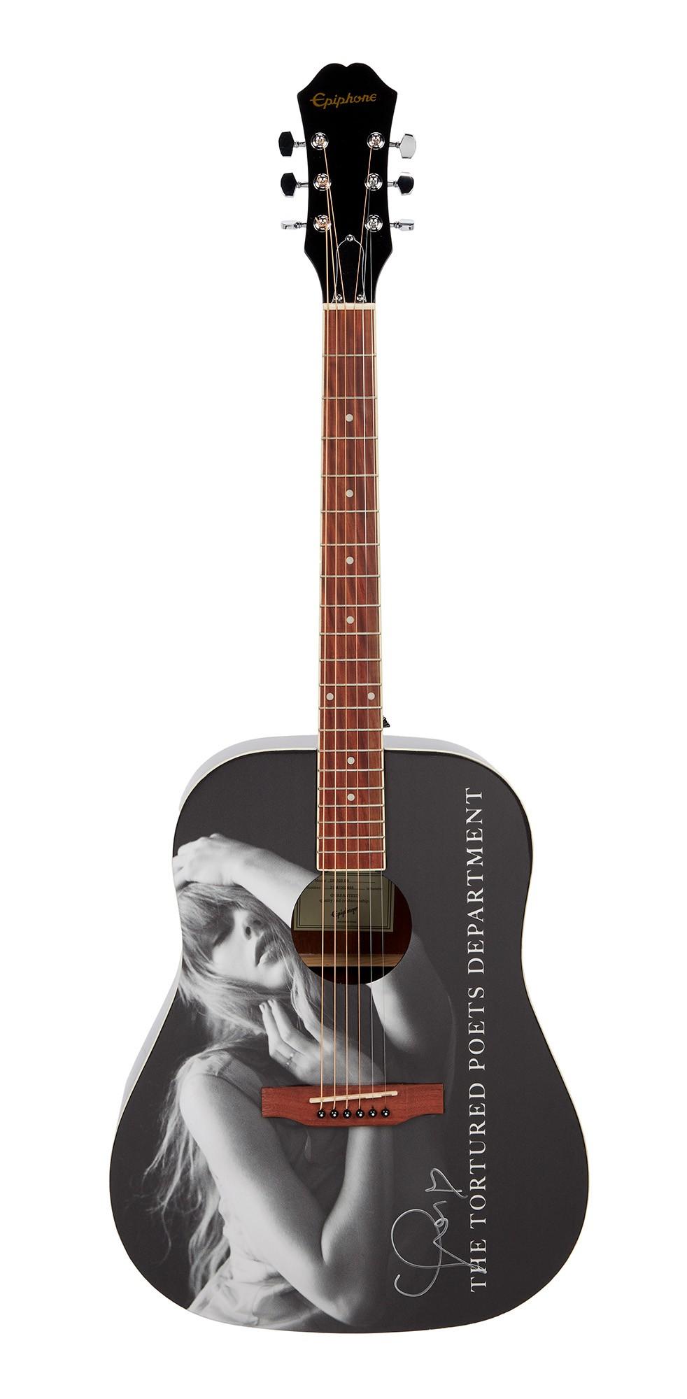 Taylor Swift | Signed "The Tortured Poets Department" Epiphone DR-100 SongMaker Acoustic Guitar Epiphone acoustic guitar with black body, a grayscale image of Taylor Swift, "THE TORTURED POETS DEPARTMENT" text, and her signature.