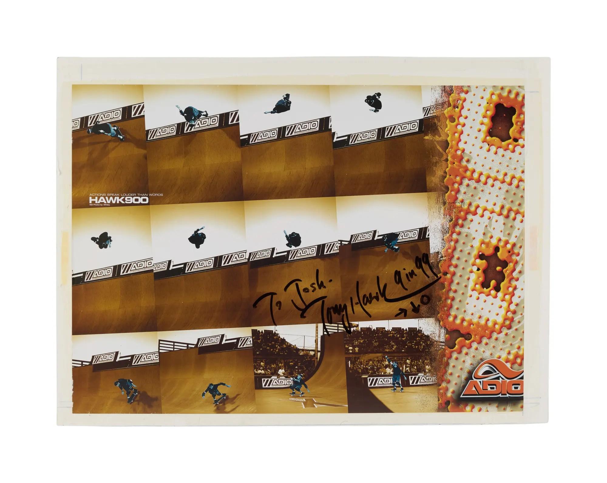 A multi-panel photo of Tony Hawk performing the Hawk 900 trick, autographed "To Josh - Tony Hawk 9 in 99", with an Adio logo.