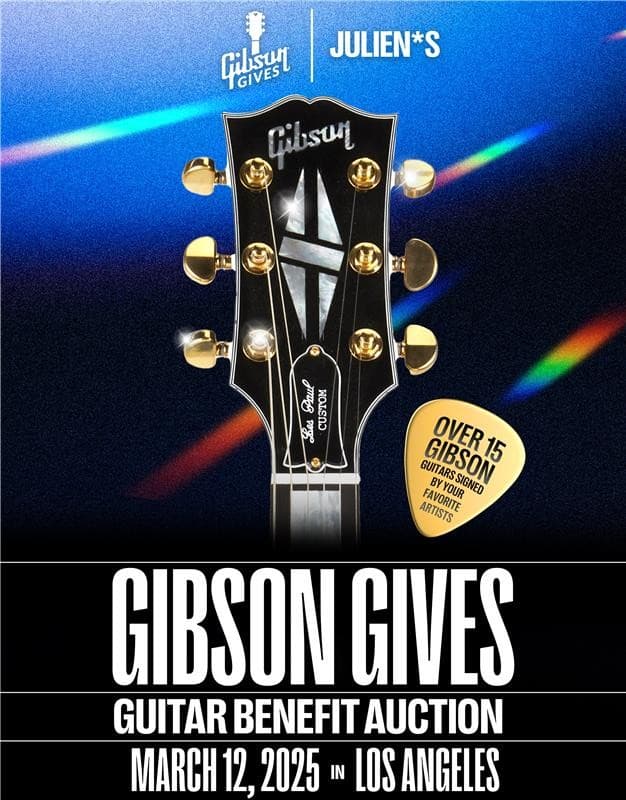 a poster for the gibson gives guitar benefit auction