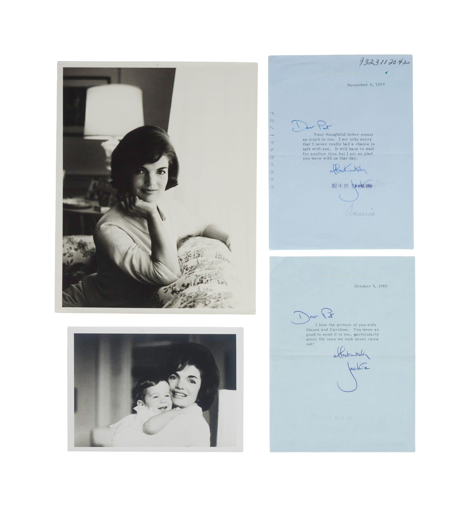 Lot #32. Jacqueline Kennedy | Vintage Photos (2) and Signed Letters (2) a collection of letters and photographs of a woman sitting on a couch with a child .