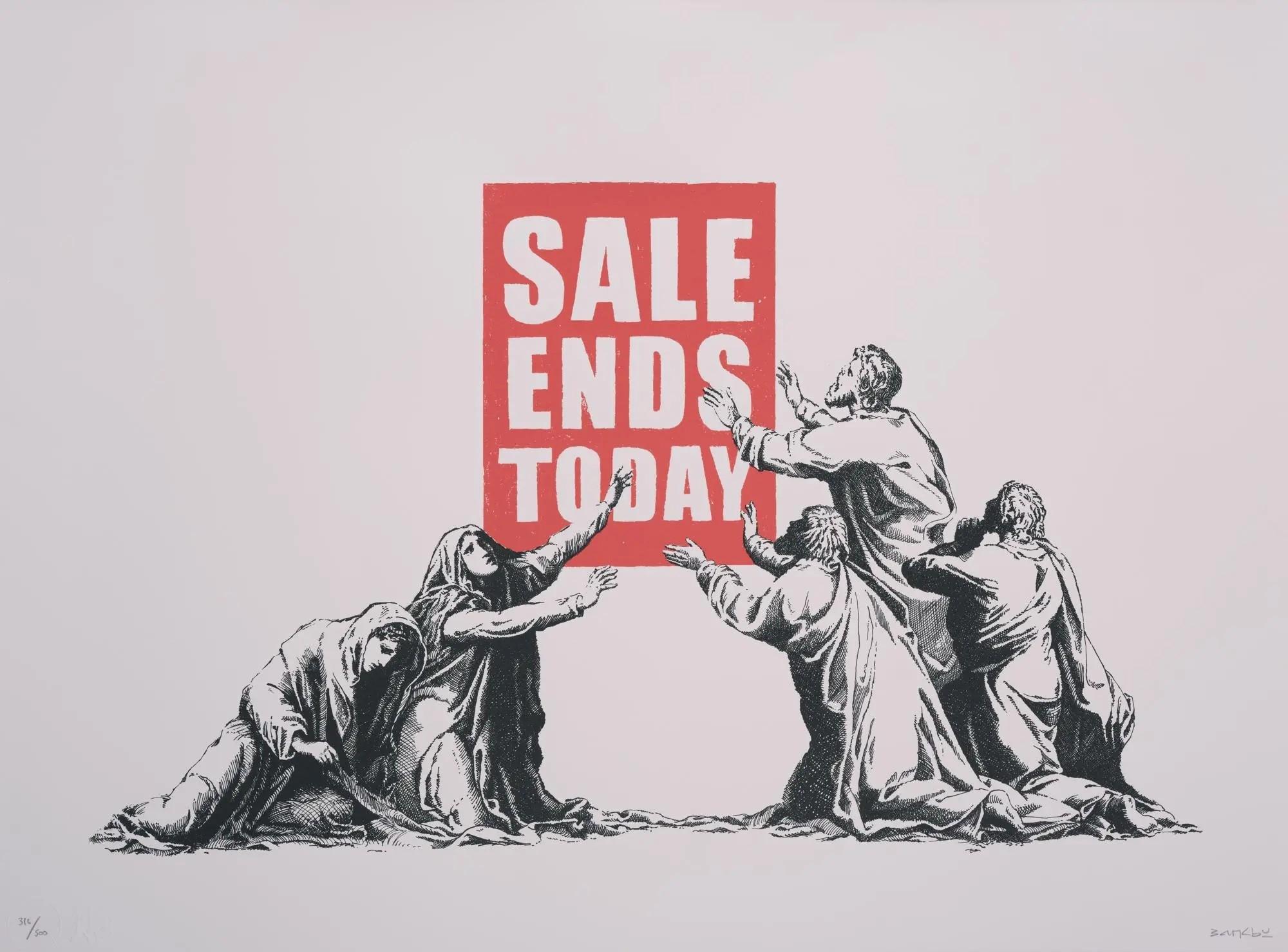 Banksy | "Sale Ends" Signed Limited-Edition Screenprint Black and white classical figures reach towards a red sign that says "SALE ENDS TODAY."