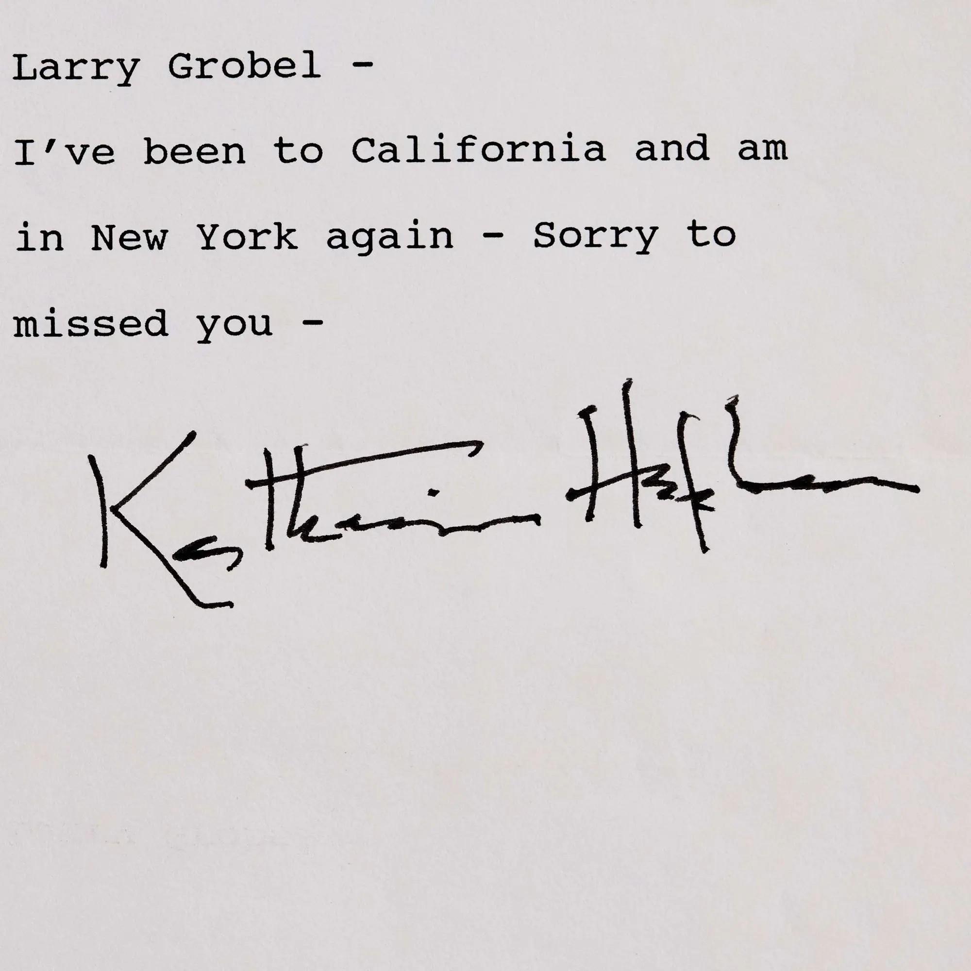 Lot #155  Katharine Hepburn Signed Note to Lawrence Grobel