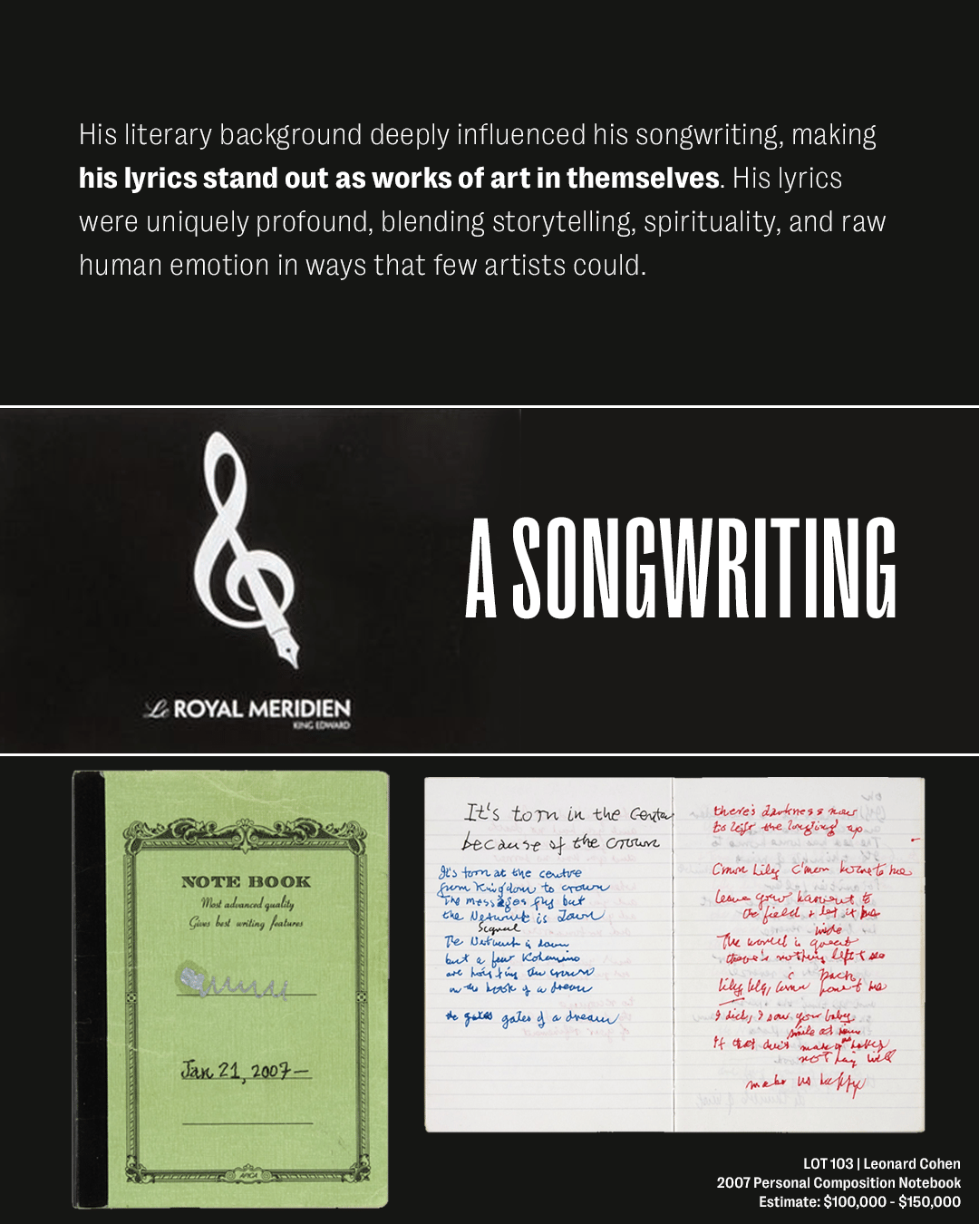 an advertisement for royal meridian shows a notebook and lyrics