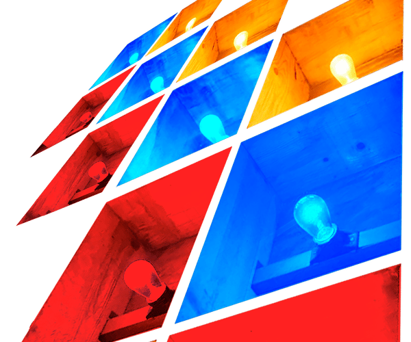 a colorful cube with a light bulb in the middle