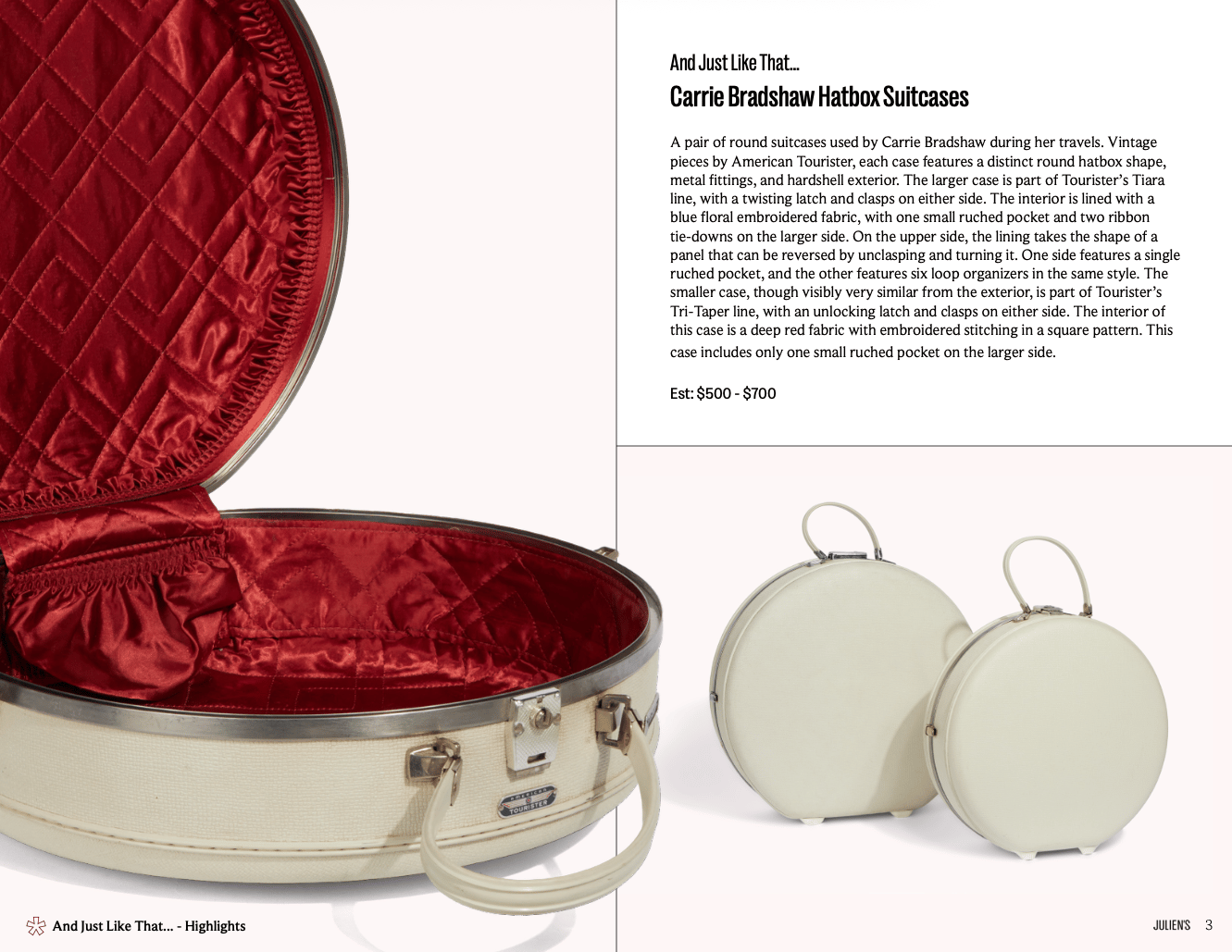 a red lined hat box suitcase