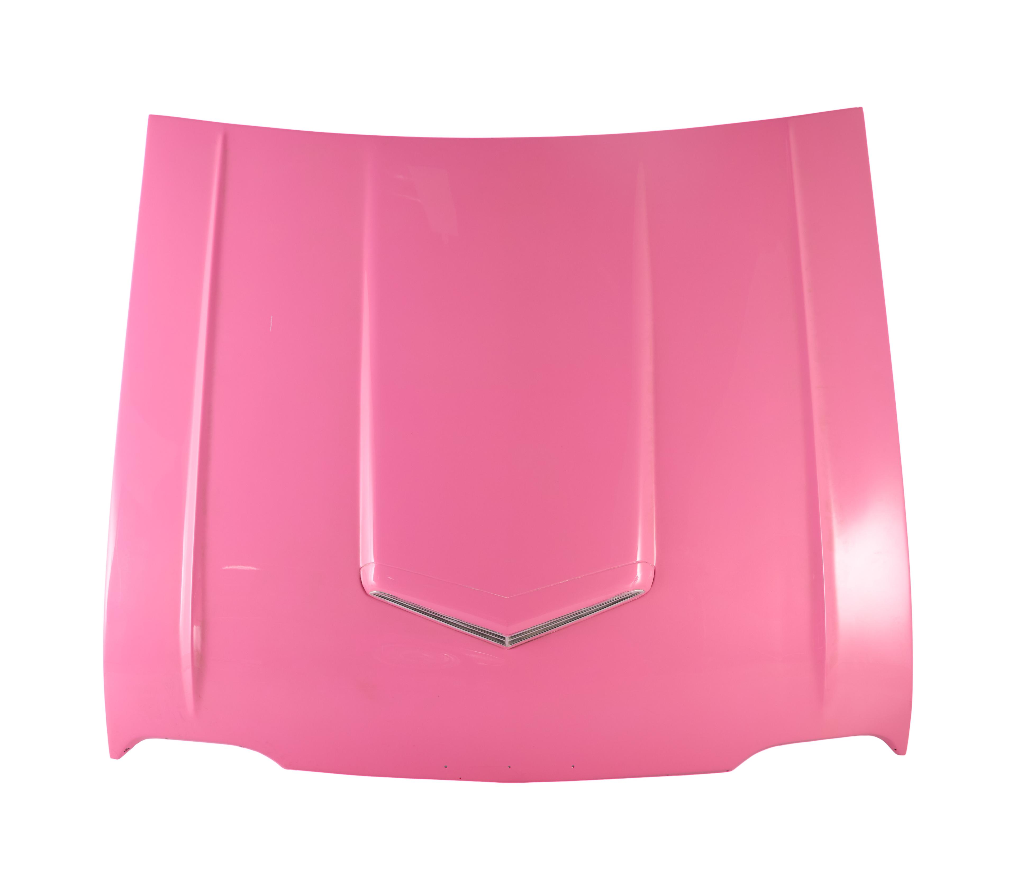 Pink car hood with a V-shaped silver trim.