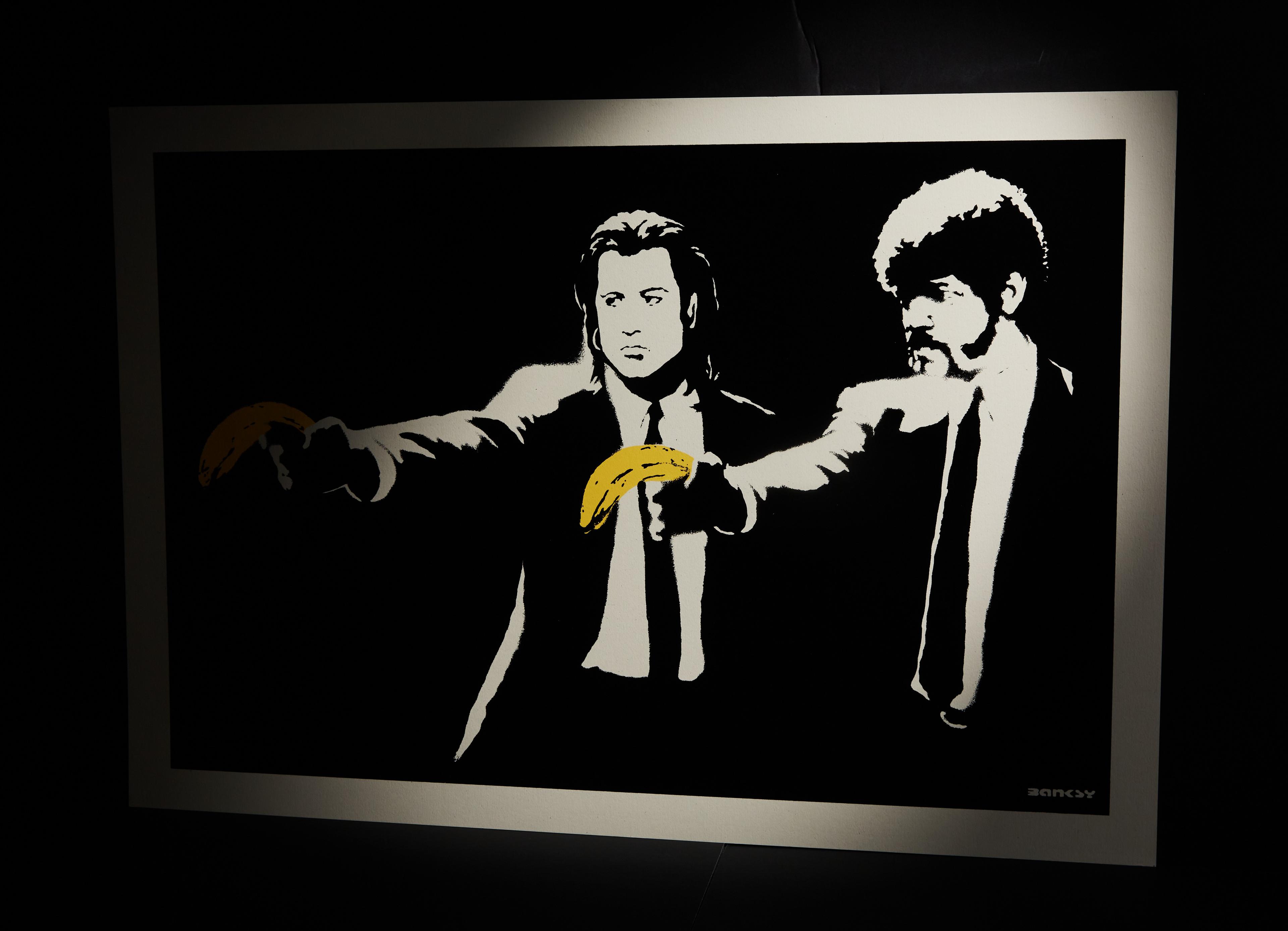 a black and white painting of two men holding a banana .