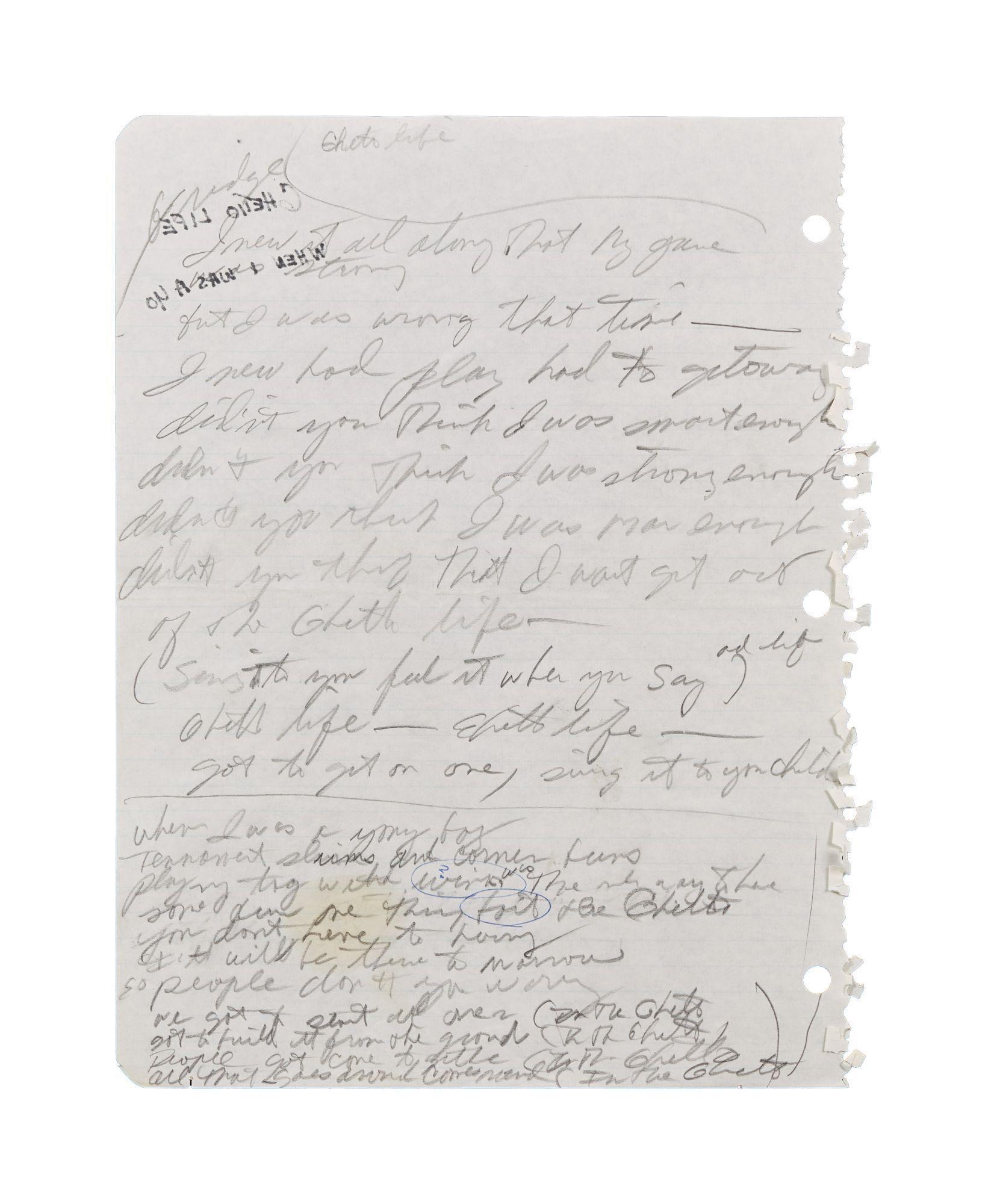 Rick James Handwritten Working Lyrics for "Ghetto Life"