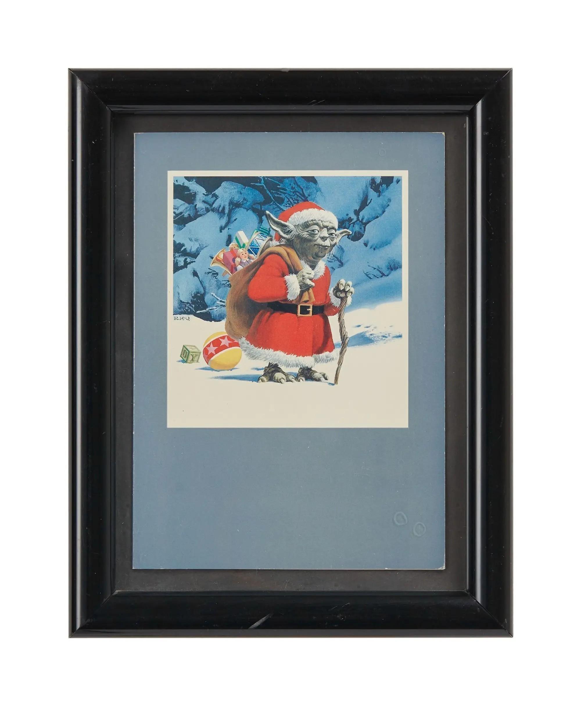 Lot #81. Star Wars: The Empire Strikes Back | Framed Lucasfilm "Santa Yoda" Christmas Cards with Rare One-of-One Misprint Framed Lucasfilm Santa Yoda Christmas Cards with Rare One of One Misprint