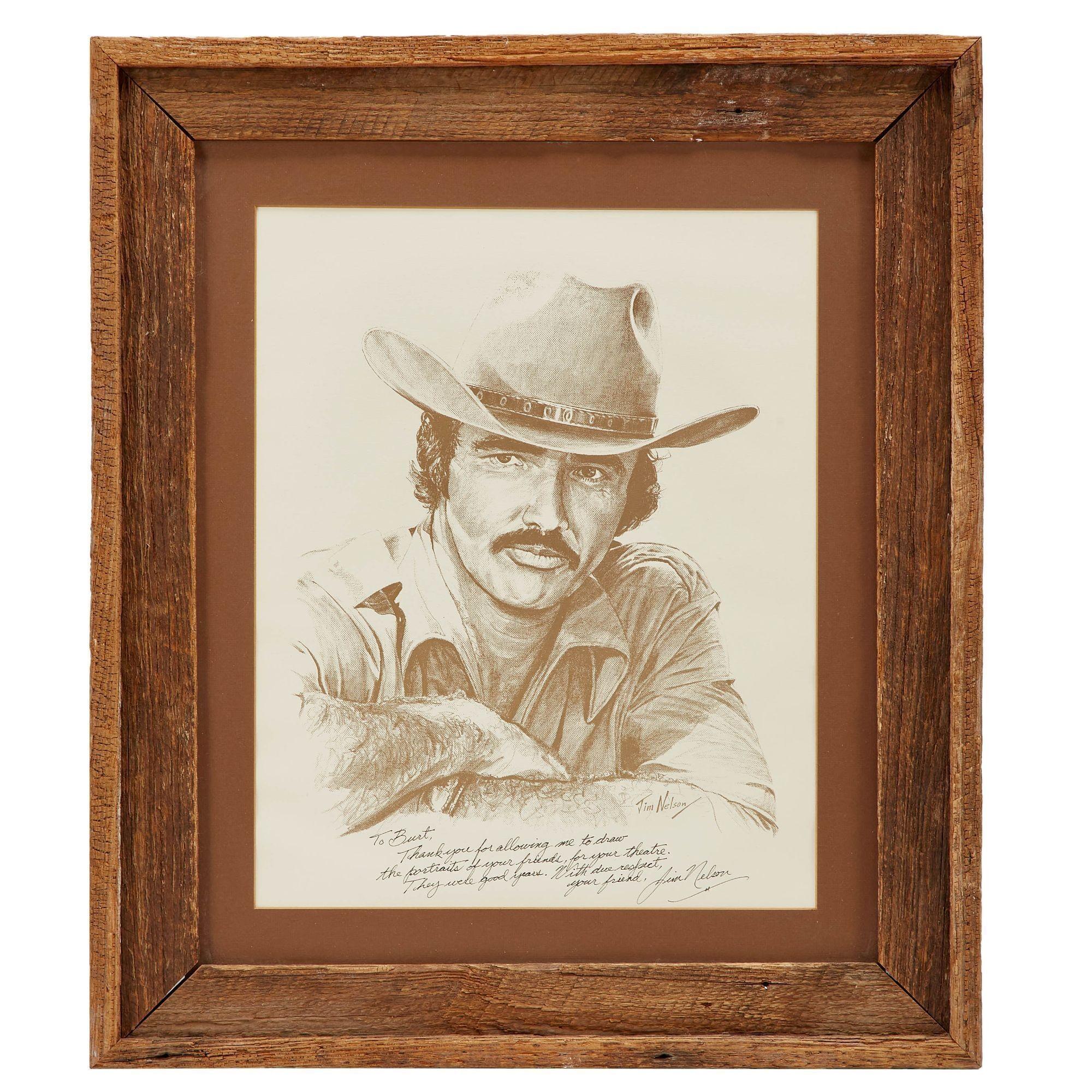 Lot #345. Burt Reynolds | Signed "Smokey and the Bandit" Portrait Print a framed drawing of a man wearing a cowboy hat .