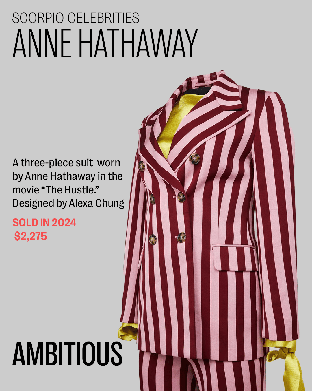 a red and pink striped suit worn by anne hathaway in the movie " the hustle "