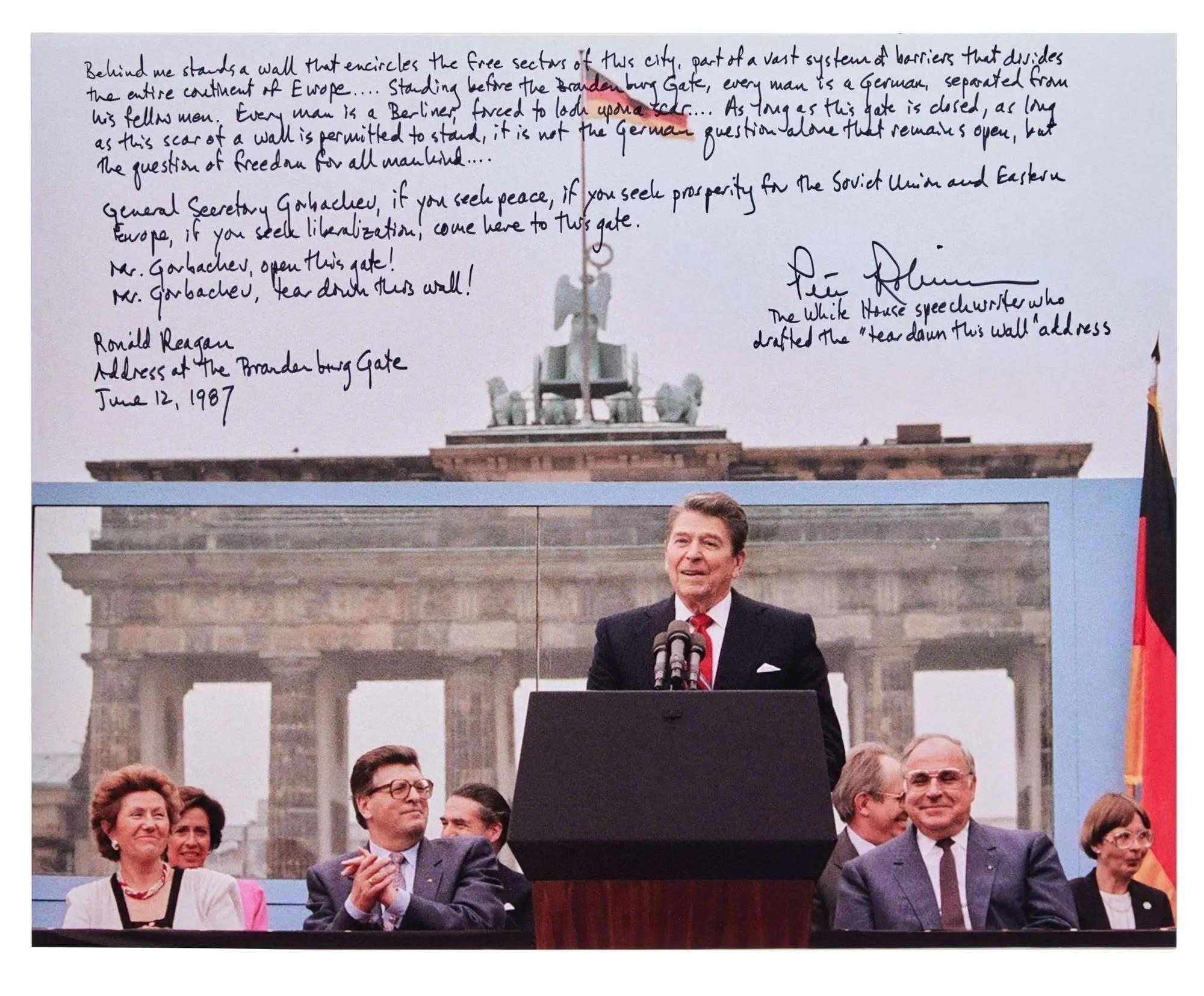 A composite image showing Ronald Reagan delivering his "Tear Down This Wall" speech at the Brandenburg Gate on June 12, 1987, below handwritten notes from speechwriter Peter Robinson.