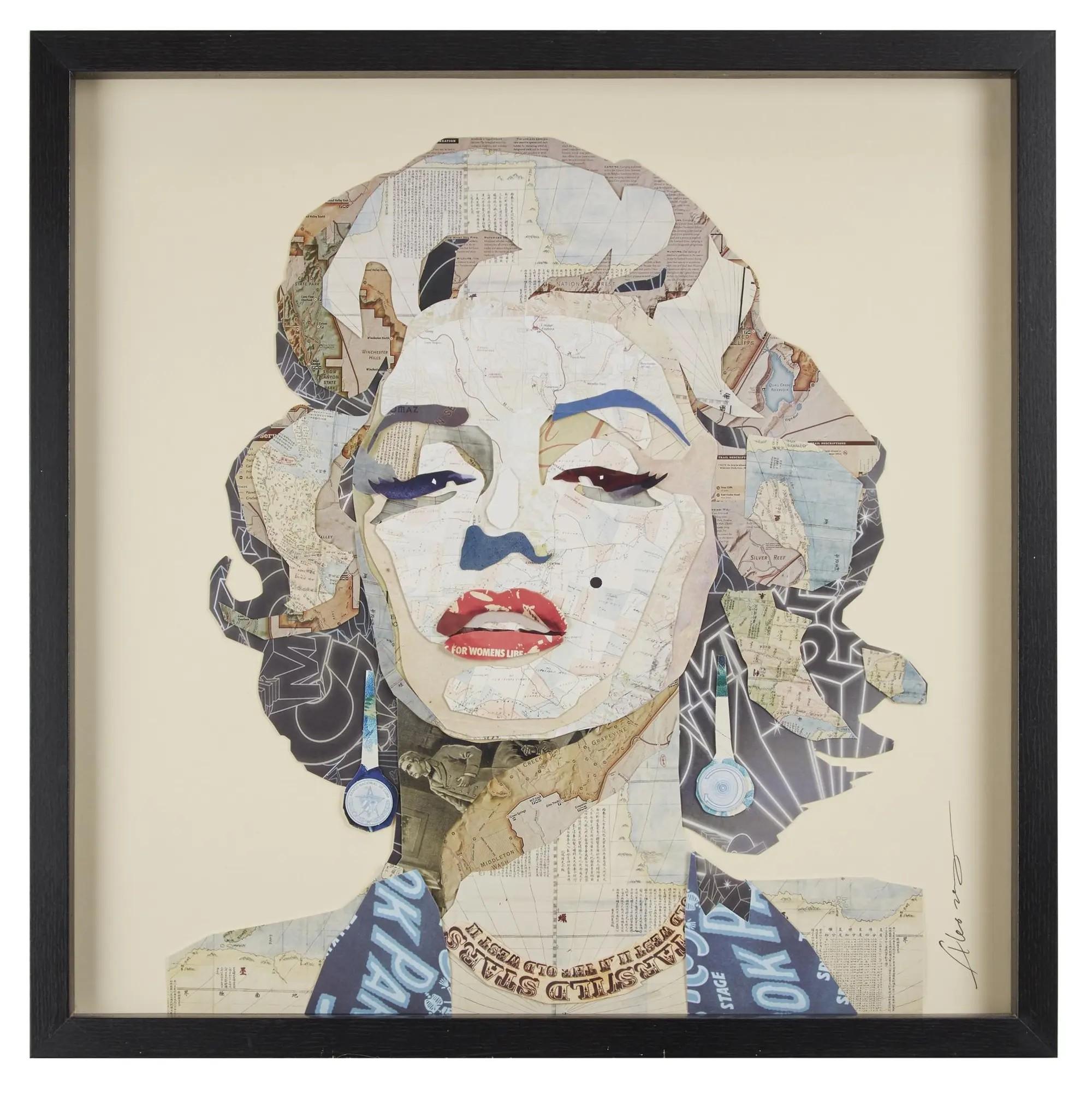 Lot #114. Marilyn Monroe | Circa 2020 Large 'Dimensional Art' Collage by the Artist Alex Zeng Collage portrait of Marilyn Monroe made from maps, in a black frame.