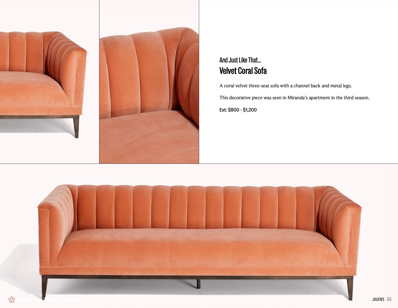 a velvet coral colored sofa