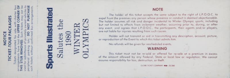 White 1980 Winter Olympics ticket featuring "Sports Illustrated Salutes" and event information.
