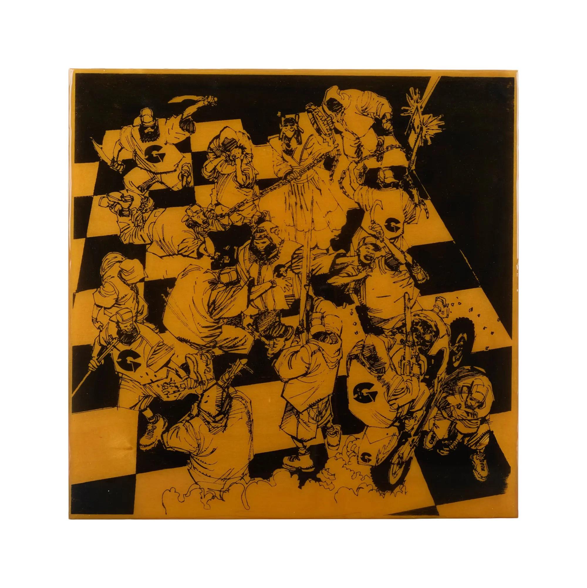 Dynamic black and gold comic illustration featuring numerous stylized characters, some with a 'G' symbol, on a checkered background.