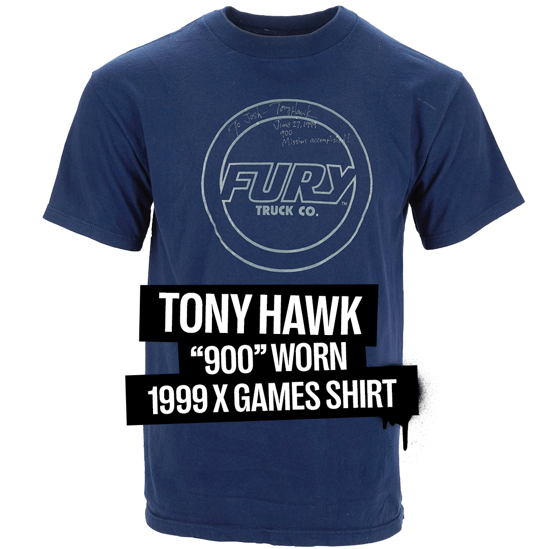 Dark blue Fury Truck Co. t-shirt worn by Tony Hawk when he landed the '900' at the 1999 X Games, inscribed with a handwritten note.