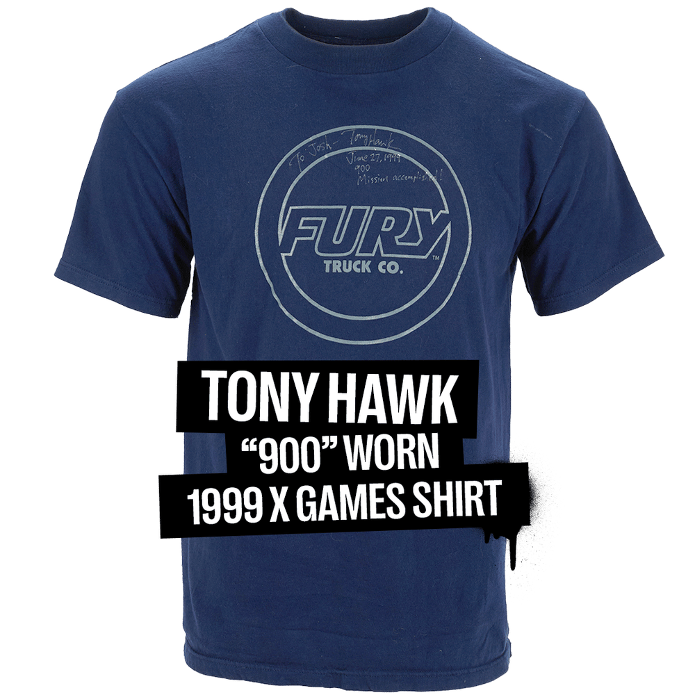 Dark blue Fury Truck Co. t-shirt worn by Tony Hawk when he landed the '900' at the 1999 X Games, inscribed with a handwritten note.