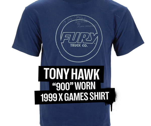 Dark blue Fury Truck Co. t-shirt worn by Tony Hawk when he landed the '900' at the 1999 X Games, inscribed with a handwritten note.