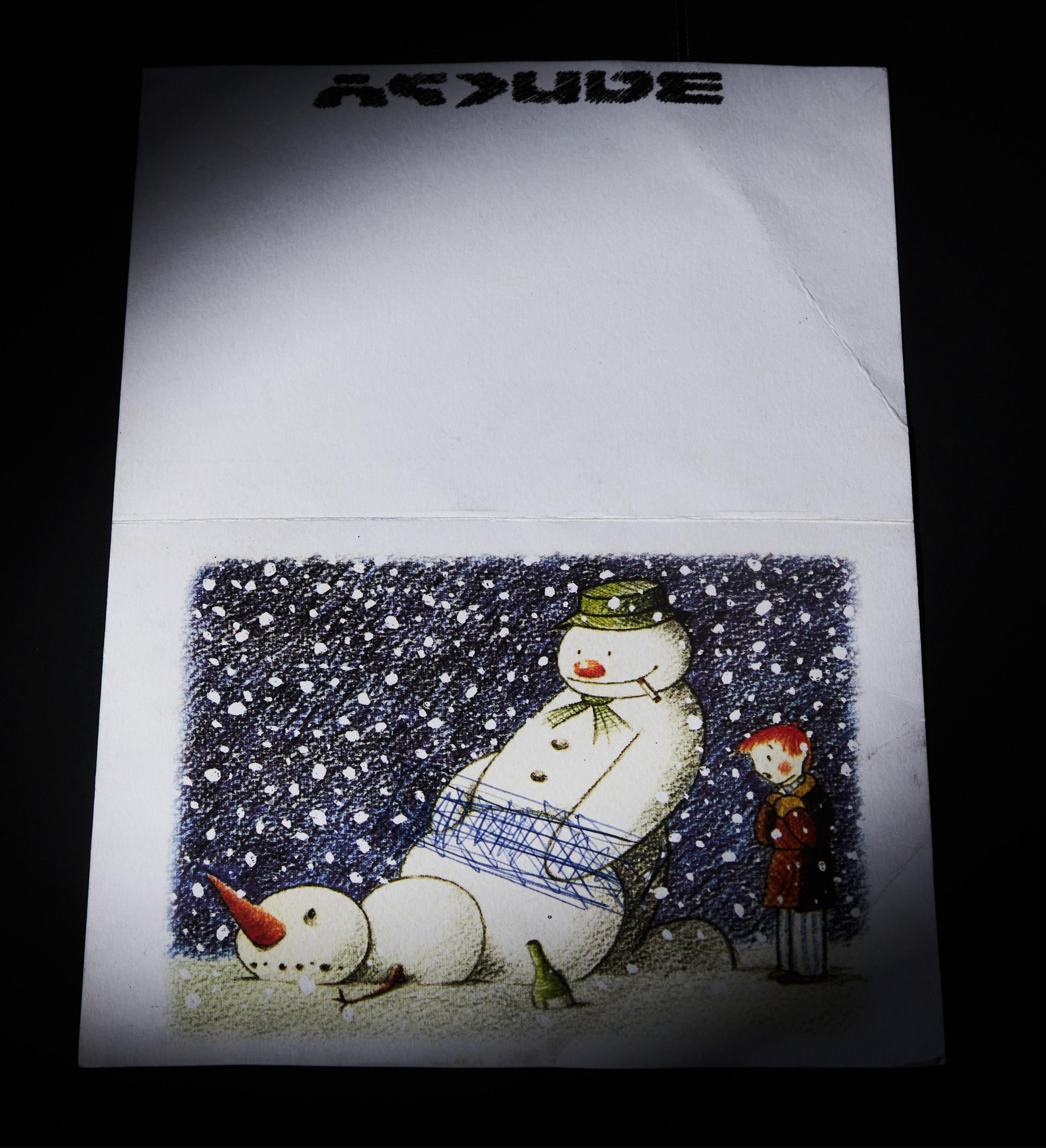 a drawing of a snowman with a bottle of beer on it