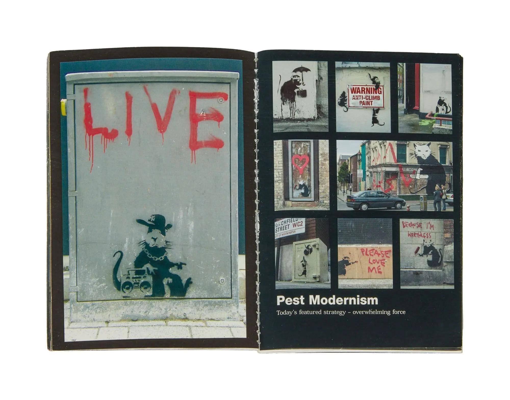 An open book displaying Banksy-style street art. The left page features a rat with a boombox and the word 'LIVE'. The right page shows a grid of rat-themed graffiti and the title 'Pest Modernism'.