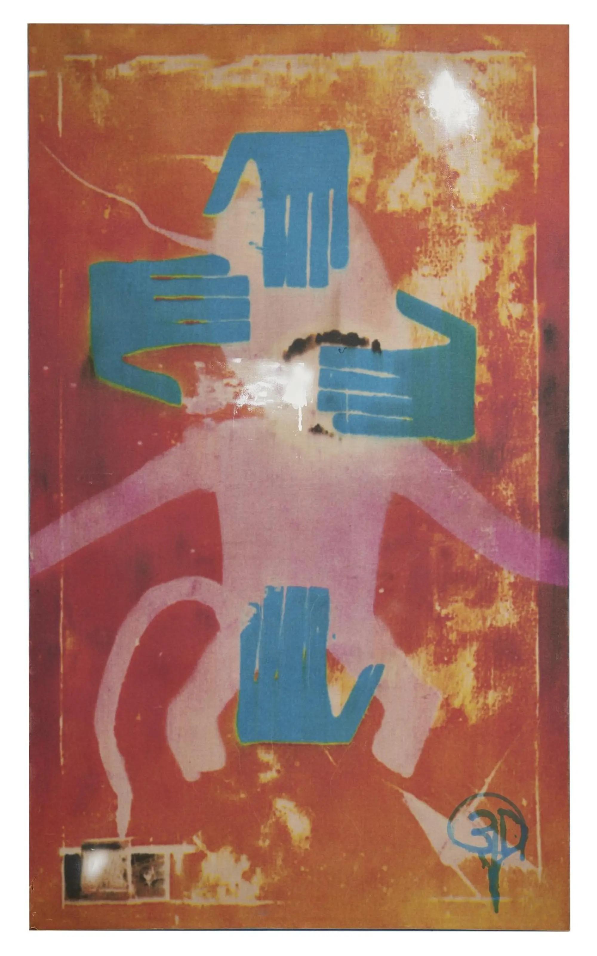 Lot #15. Robert Del Naja | "Vivisection" Signed Original Large-Scale Artwork Abstract artwork with a pink monkey outline surrounded by four blue hands and a glowing, burnt center, on a textured orange and red background.