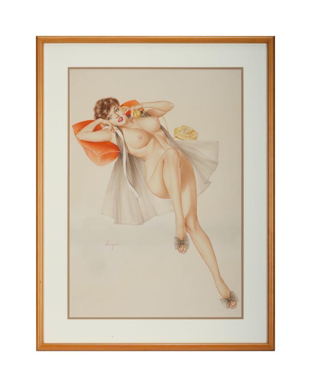 Playboy Alberto Vargas Yellow Rotary Phone Pinup Watercolor Drawing