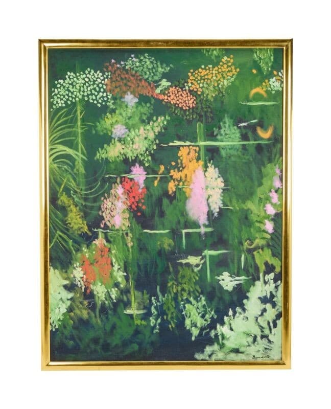 a painting of flowers in a pond in a gold frame .