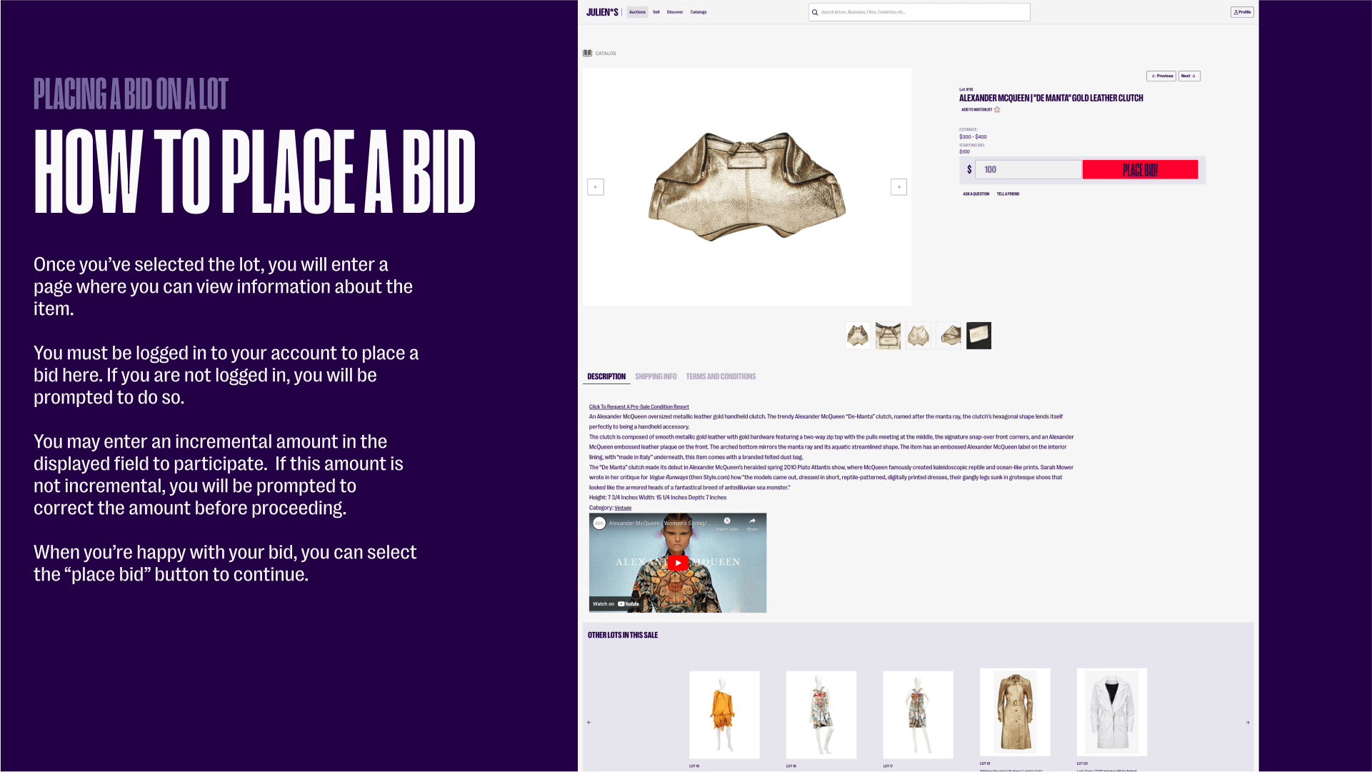 Selecting a lot to bid on and visiting the lot detail page