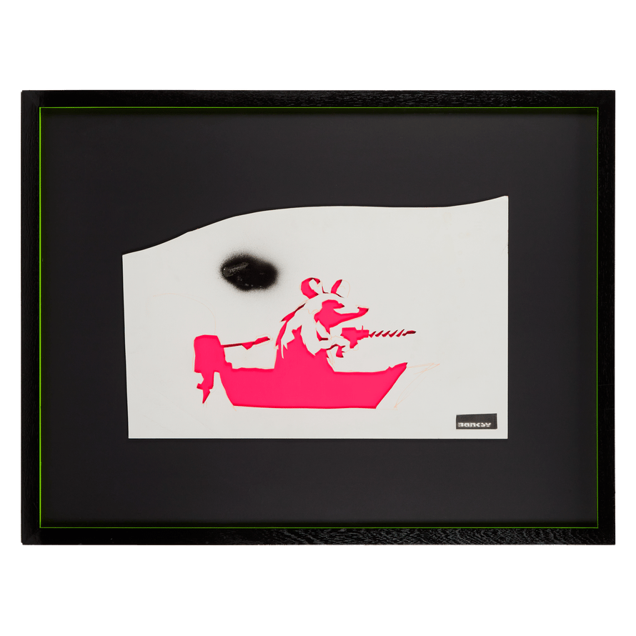 a framed picture of a rat in a pink boat