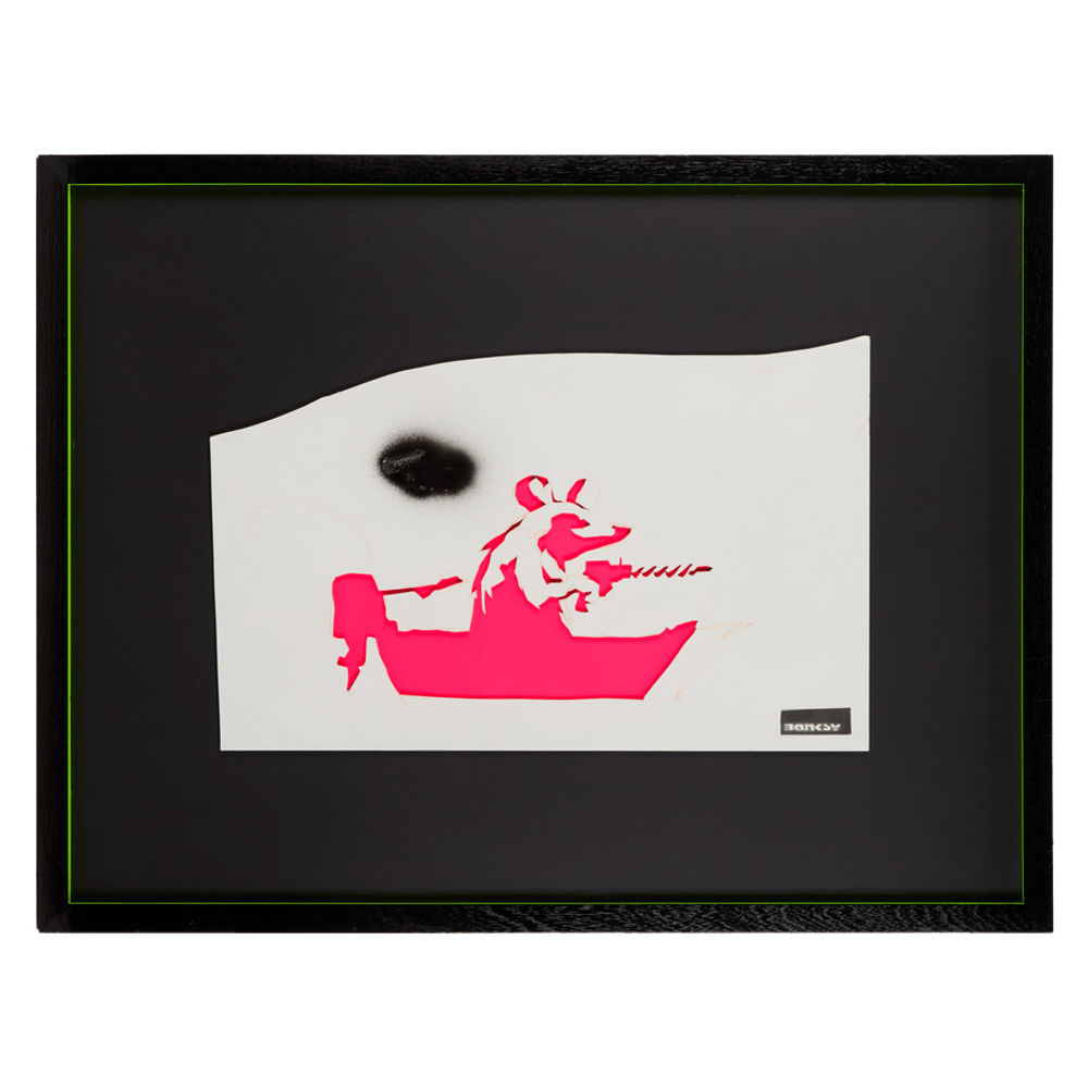 a framed picture of a rat in a pink boat