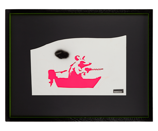 a framed picture of a rat in a pink boat
