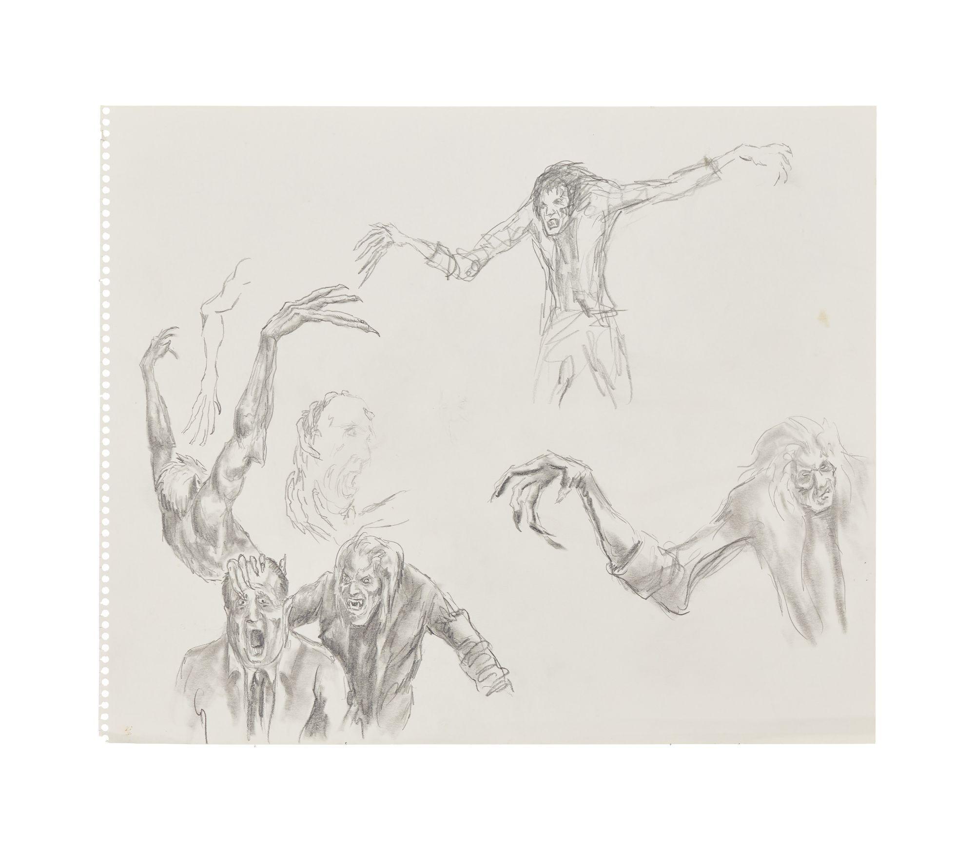 Lot #171. The Lost Boys | Early Unused "Vampires" Concept Artwork a pencil drawing of a group of zombies on a piece of paper .