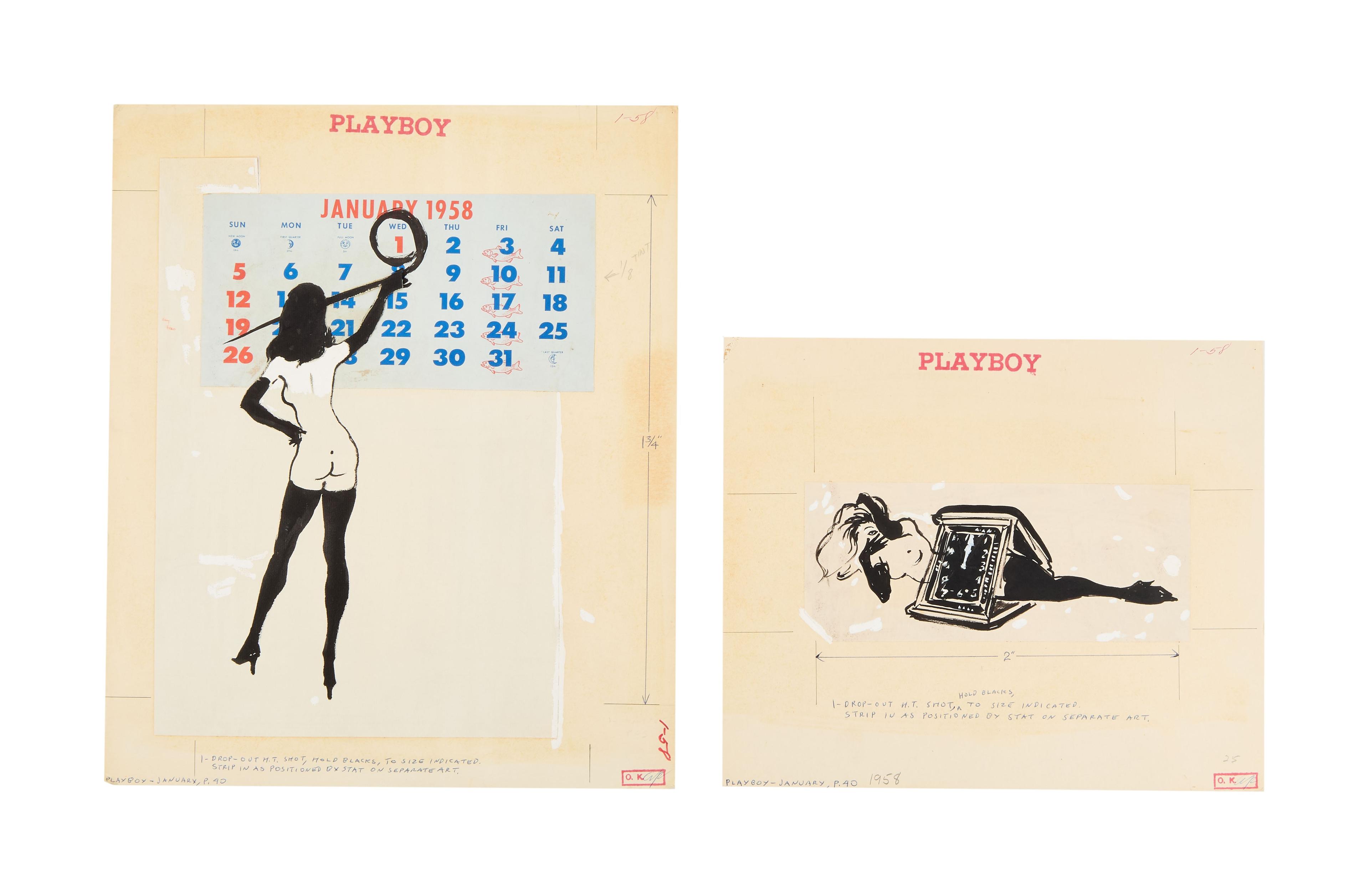 a playboy calendar and a drawing of a woman playing tennis .