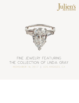 A poster for Julien's Auctions Linda Gray Jewelry Collection