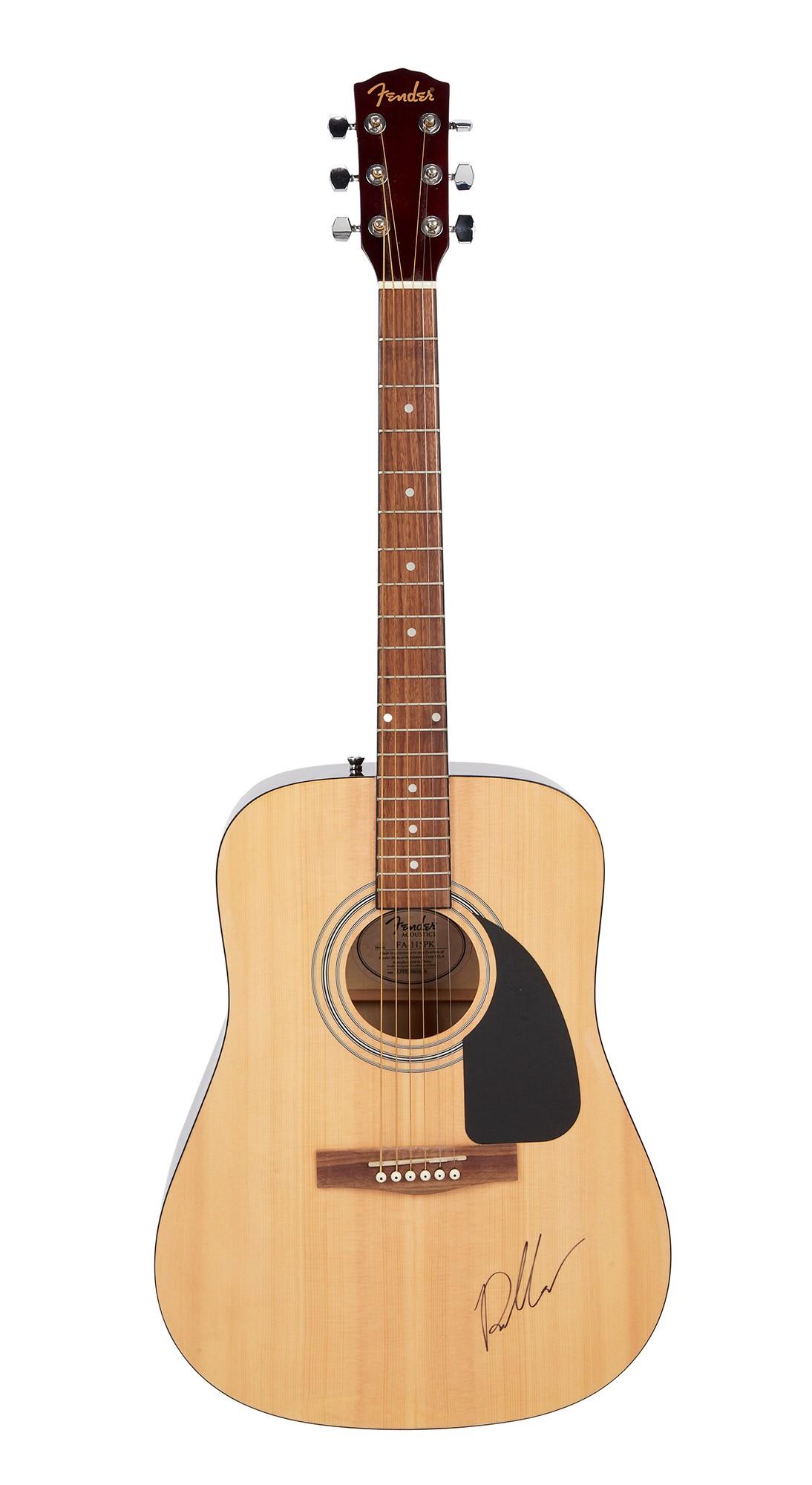 Role Model | Signed Fender Acoustic Guitar, Natural A natural wood Fender acoustic guitar with a black pickguard and a visible autograph on its body.