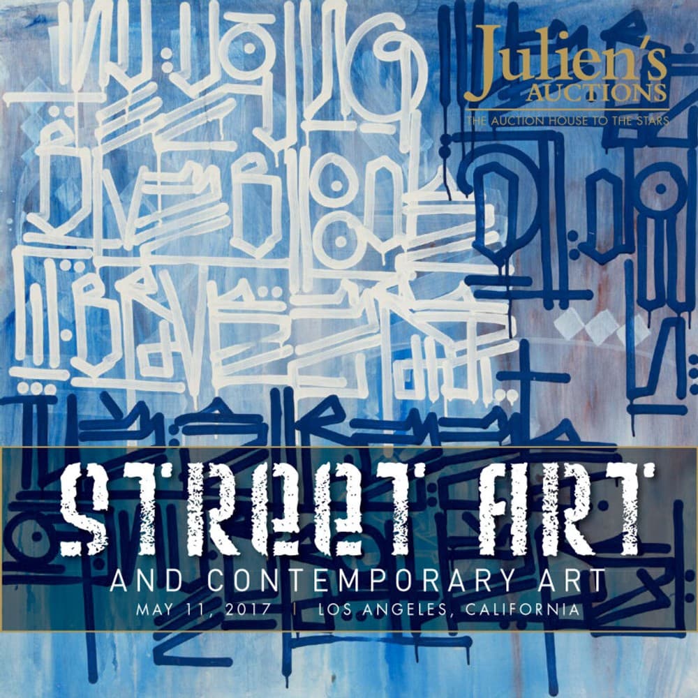 A poster for Julien's Auction featuring street art and contemporary art