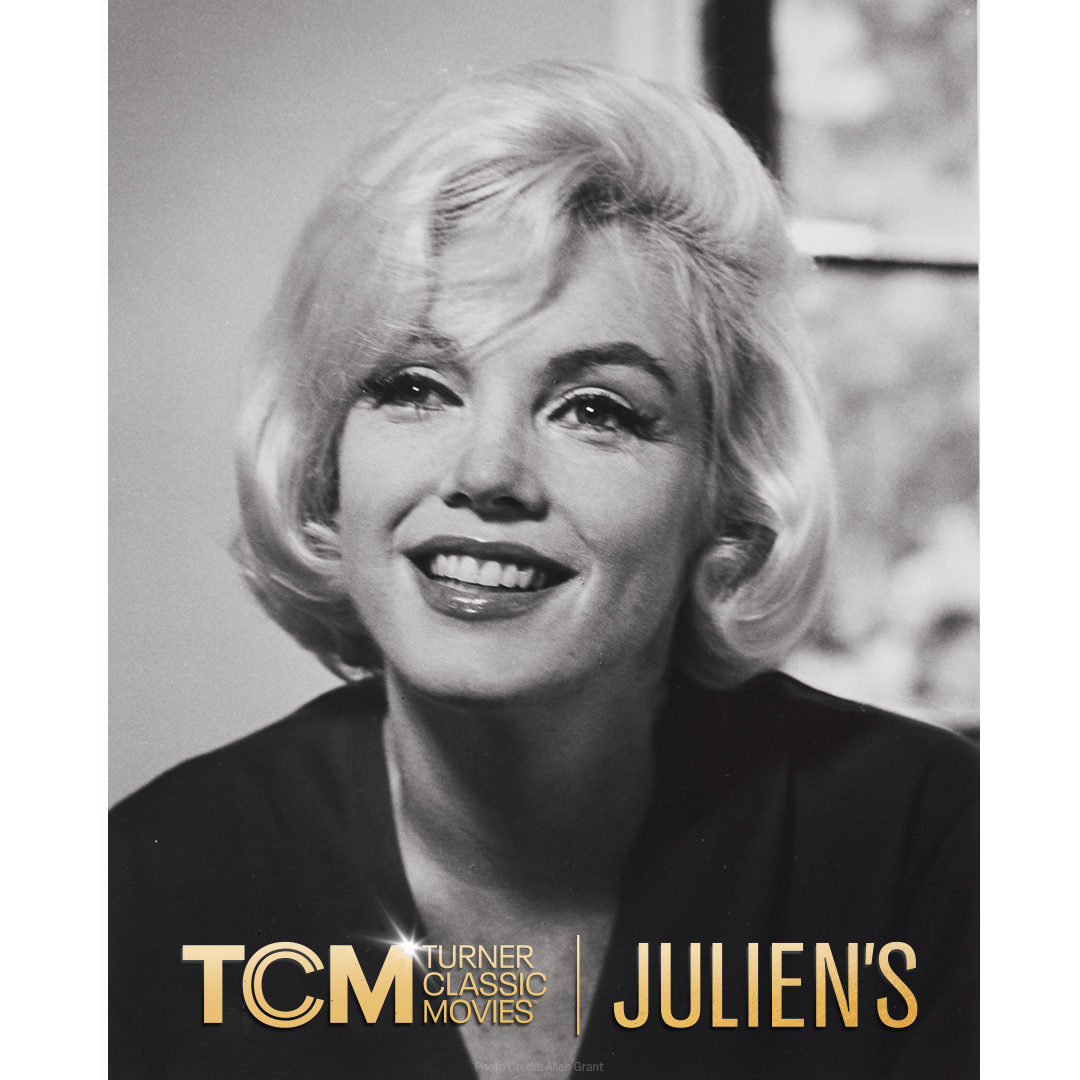A film strip with three black and white photos of Marilyn Monroe smiling, overlaid with gold "Coming Soon" text.